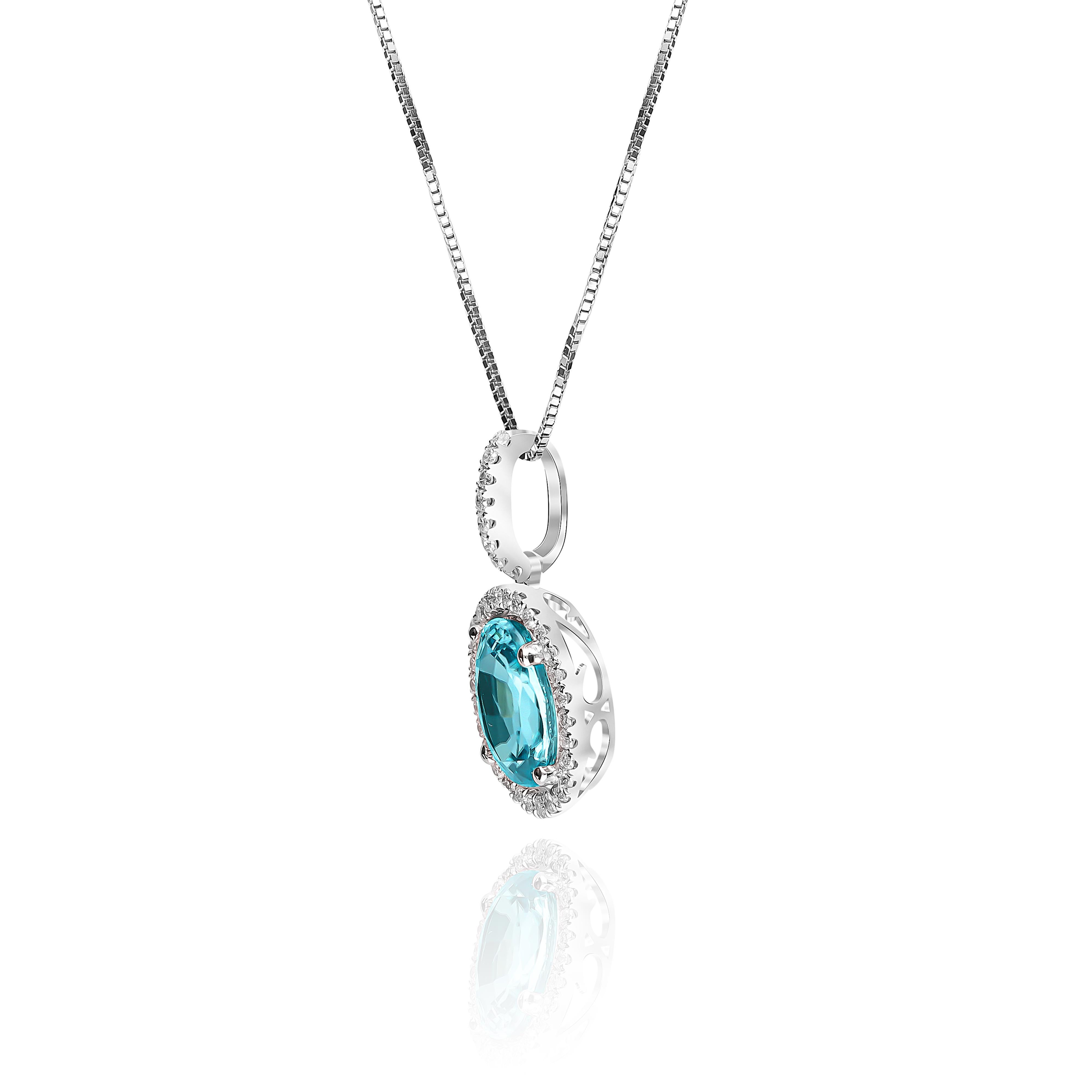 Stunning, timeless and classy eternity Unique Pendant. Decorate yourself in luxury with this Gin & Grace Pendant. This Pendant is made up of Oval-Cut Prong Setting Blue Zircon (1 pcs) 2.60 Carat and Round-Cut Prong Setting Diamond (36 pcs) 0.18