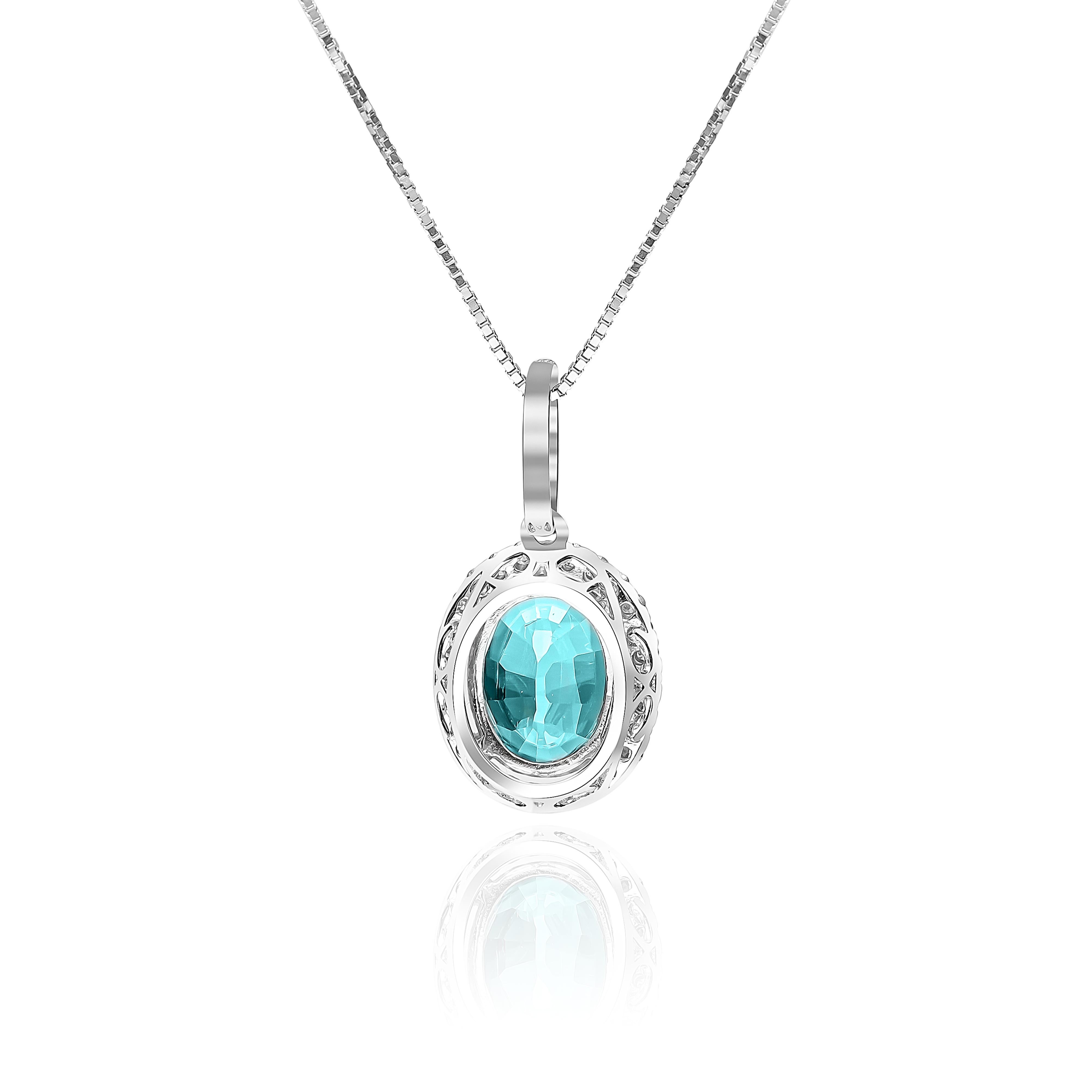 Art Deco 2.60 Carat Oval-Cut Blue Zircon Diamond Accents 14K White Gold Pendant For Sale