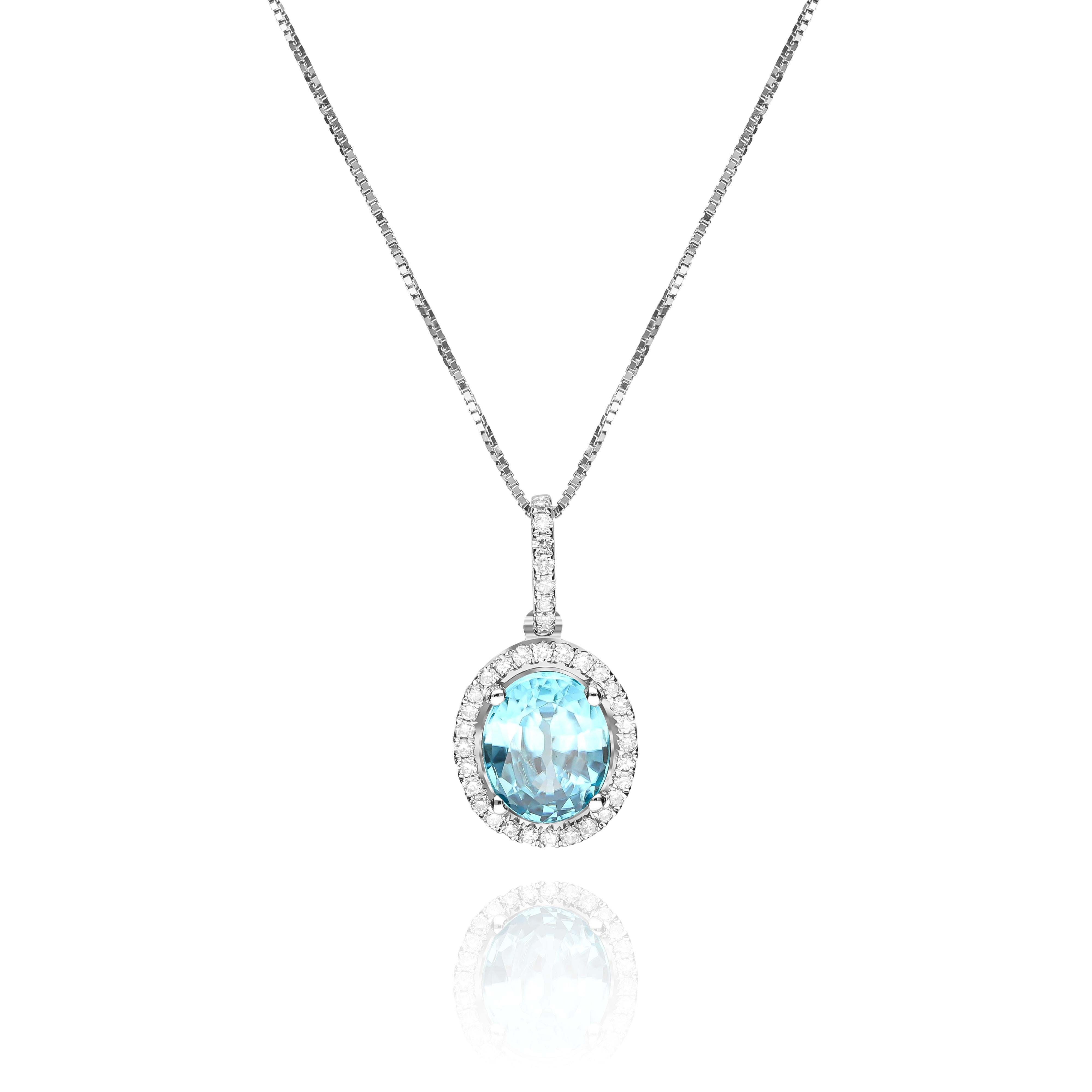 Oval Cut 2.60 Carat Oval-Cut Blue Zircon Diamond Accents 14K White Gold Pendant For Sale