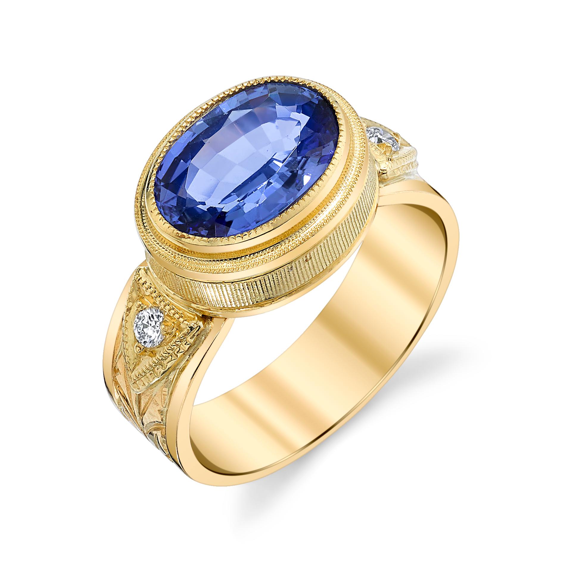 Women's or Men's 2.60 Carat Oval Tanzanite, Diamond Yellow Gold Engraved Bezel Band Ring