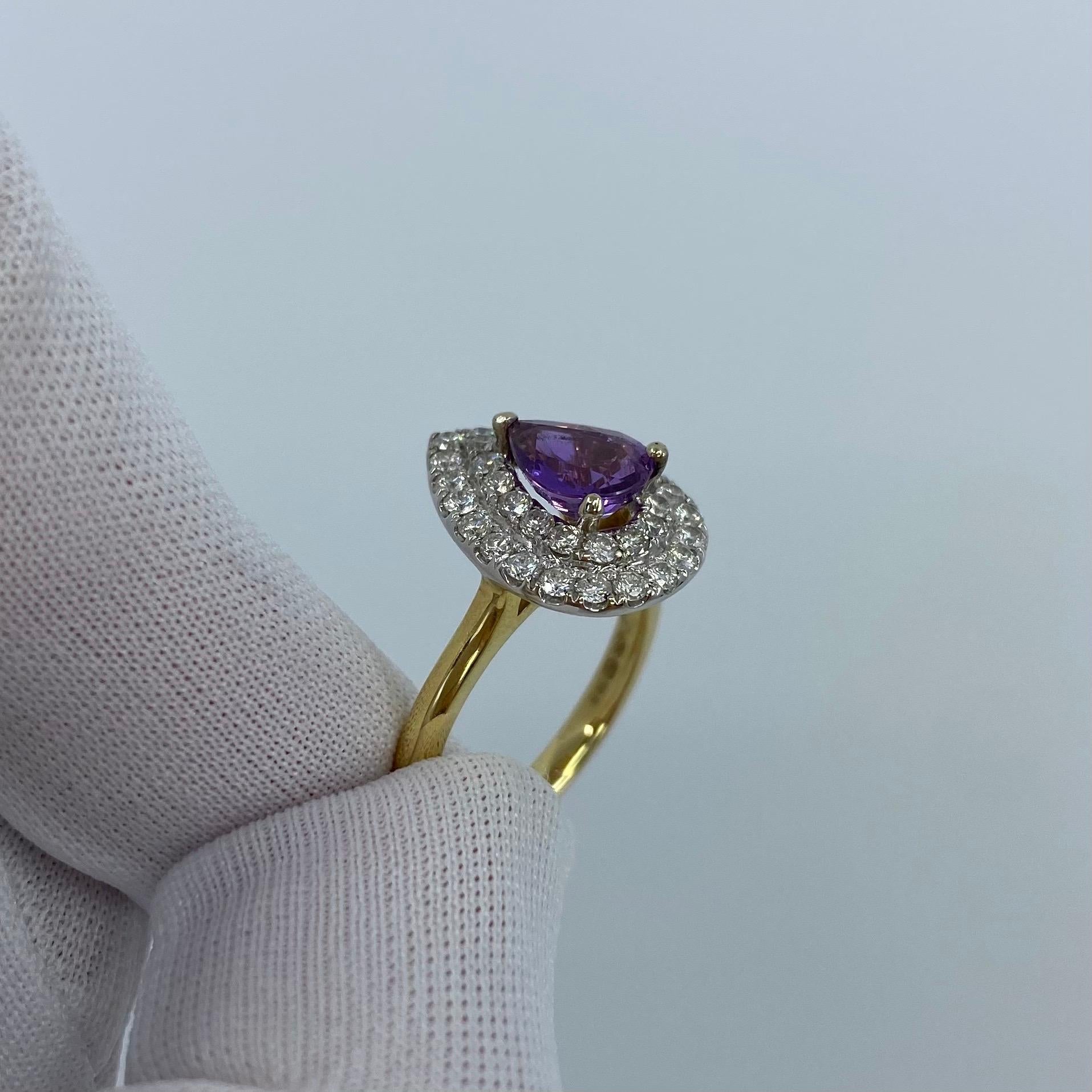 2.60 Carat Pear Cut Purple Sapphire and Diamond 18 Karat Yellow White Gold Ring For Sale 7