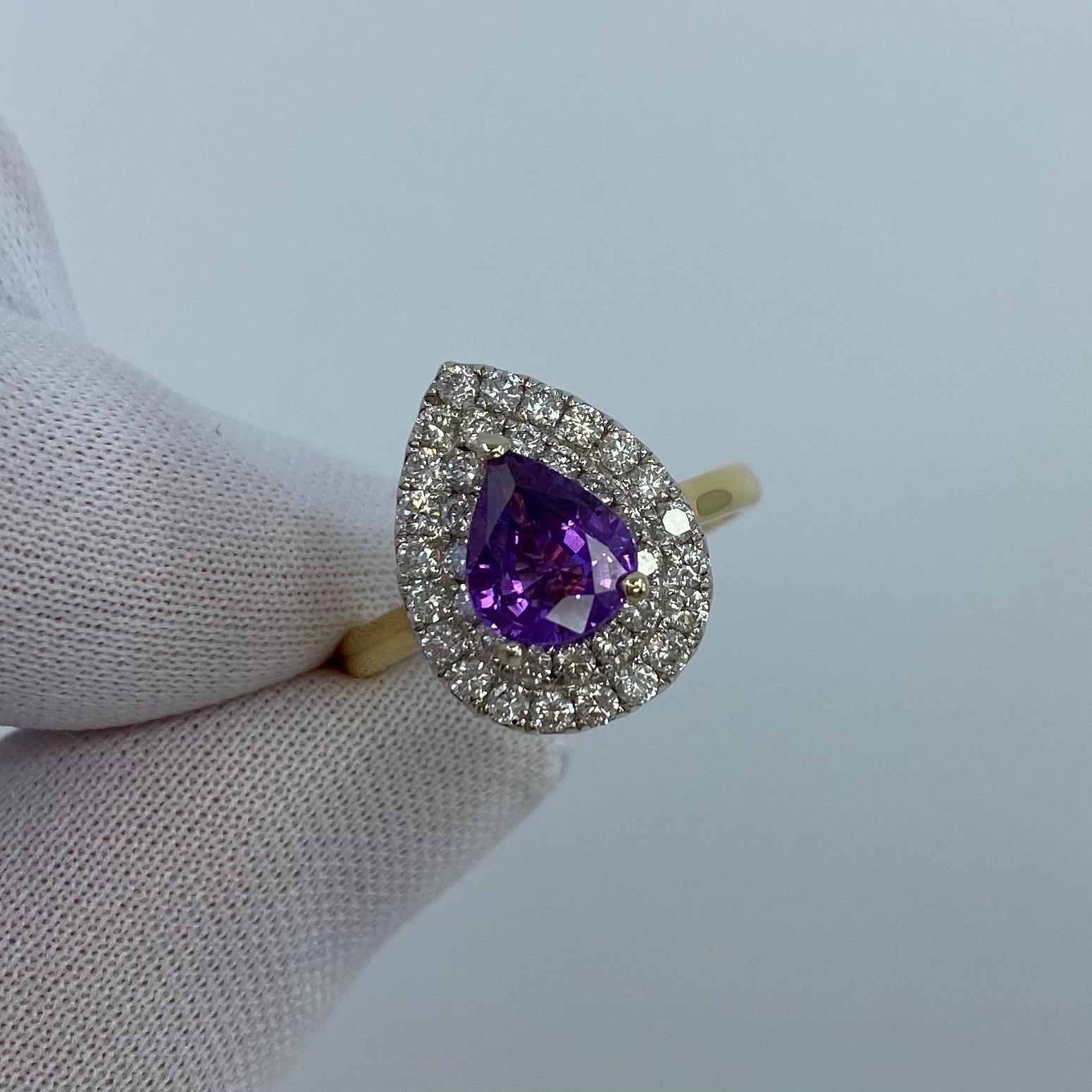 2.60 Carat Pear Cut Purple Sapphire and Diamond 18 Karat Yellow White Gold Ring For Sale 8