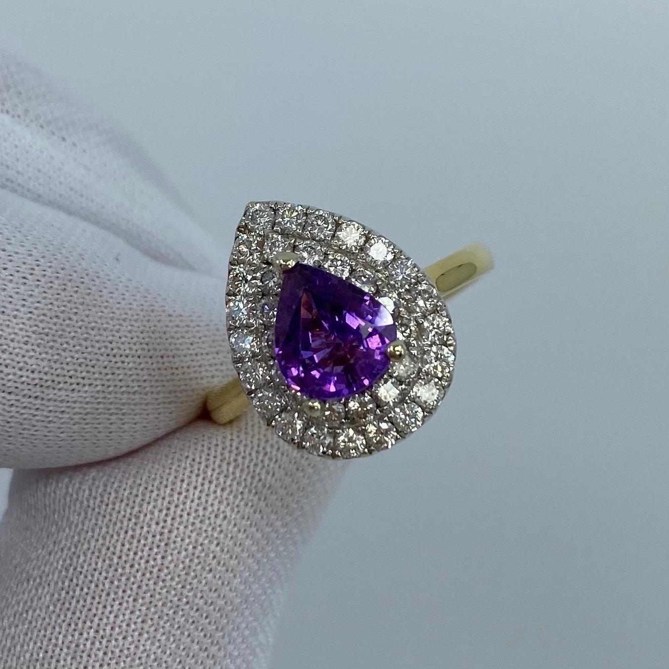 Purple Sapphire & Diamond 18K Yellow & White Gold Ring

2.00 Carat fine deep purple pear cut sapphires centre stone. Surrounded by x40 1.5mm round brilliant cut diamonds (approx. 0.6 carat G/H colour Si1-2 clarity) in a beautiful 18 Karat white and
