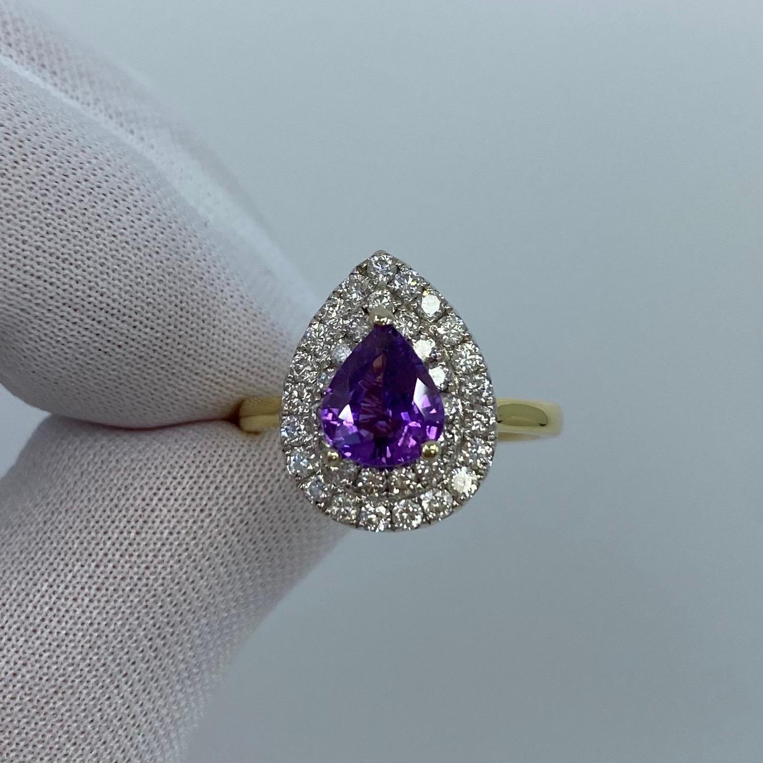 Women's or Men's 2.60 Carat Pear Cut Purple Sapphire and Diamond 18 Karat Yellow White Gold Ring For Sale