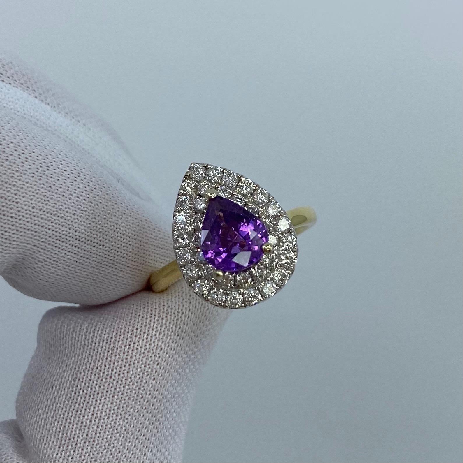 2.60 Carat Pear Cut Purple Sapphire and Diamond 18 Karat Yellow White Gold Ring For Sale 2