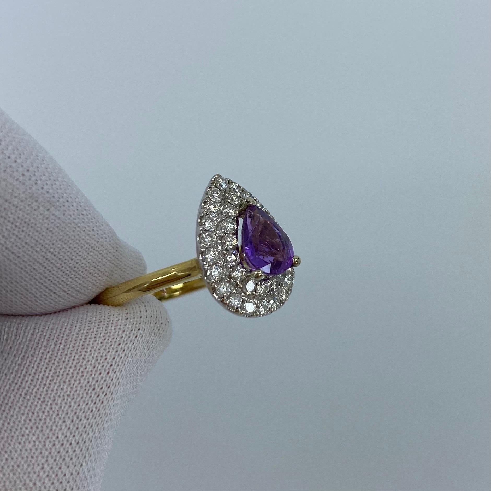 2.60 Carat Pear Cut Purple Sapphire and Diamond 18 Karat Yellow White Gold Ring For Sale 5