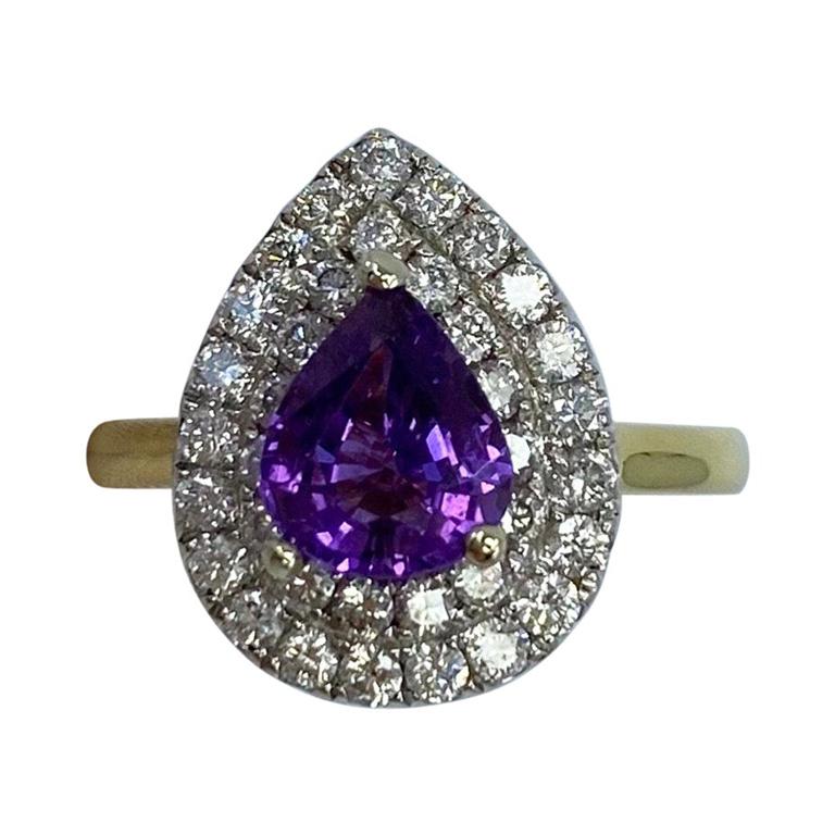 2.60 Carat Pear Cut Purple Sapphire and Diamond 18 Karat Yellow White Gold Ring