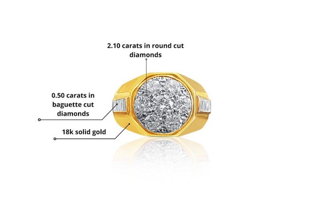 2.60 Carat Round-Brilliant Cut Diamond and 18K Yellow Gold Cluster Men's Ring 3