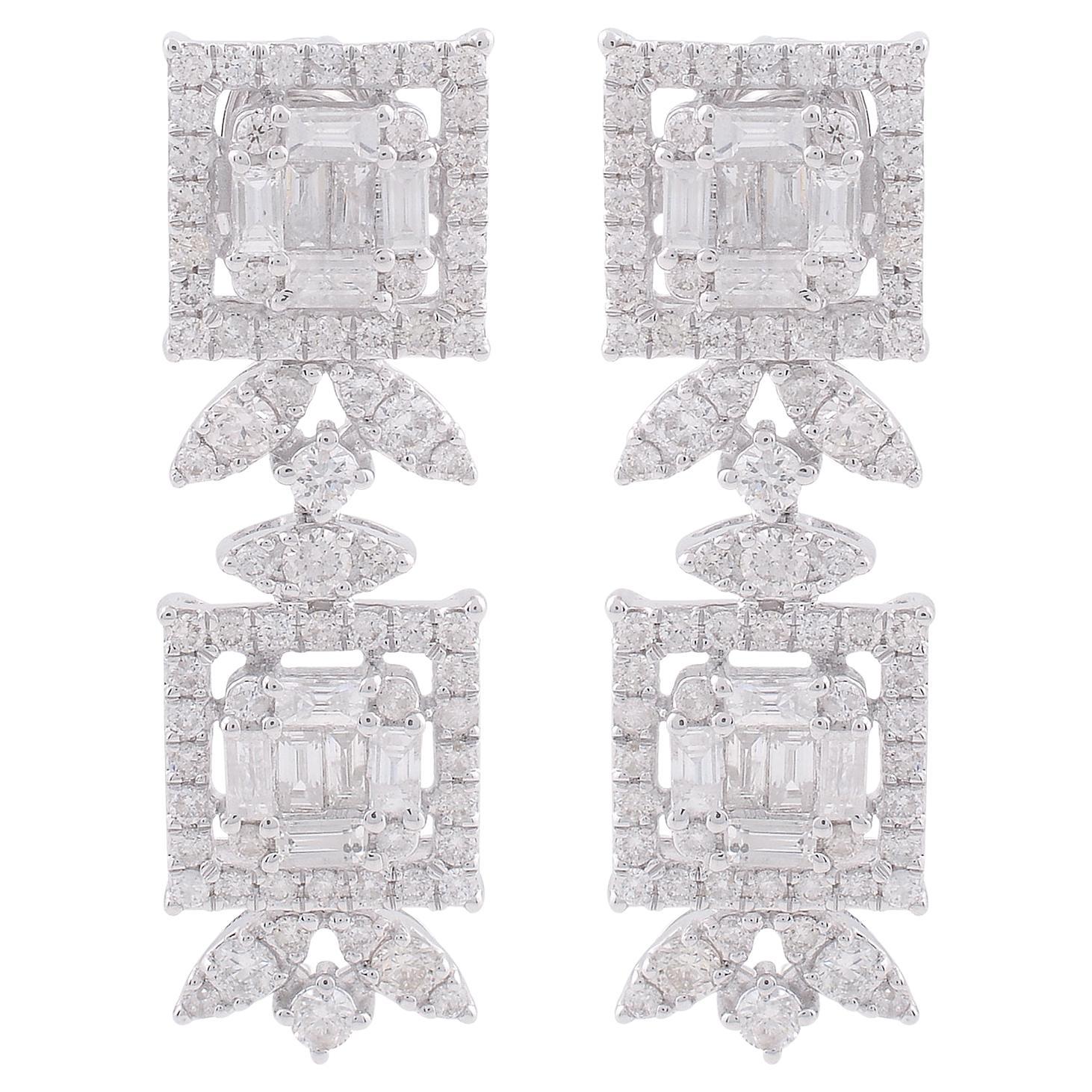 2.60 Carat SI/HI Baguette & Round Diamond Dangle Earrings 18 Karat White Gold