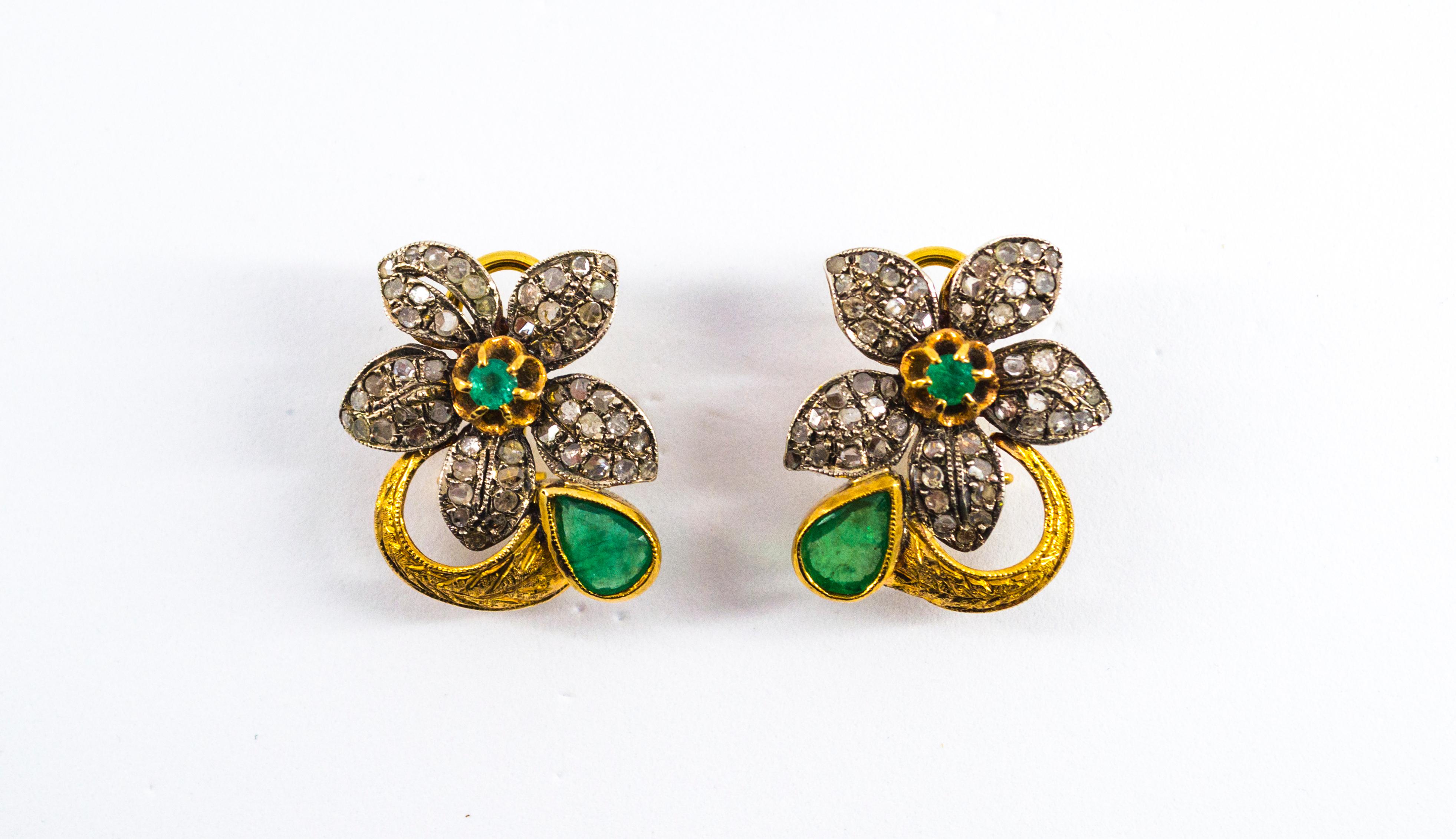 2.60 Carat White Rose Cut Diamond Emerald Yellow Gold Clip-On Flowers Earrings 5