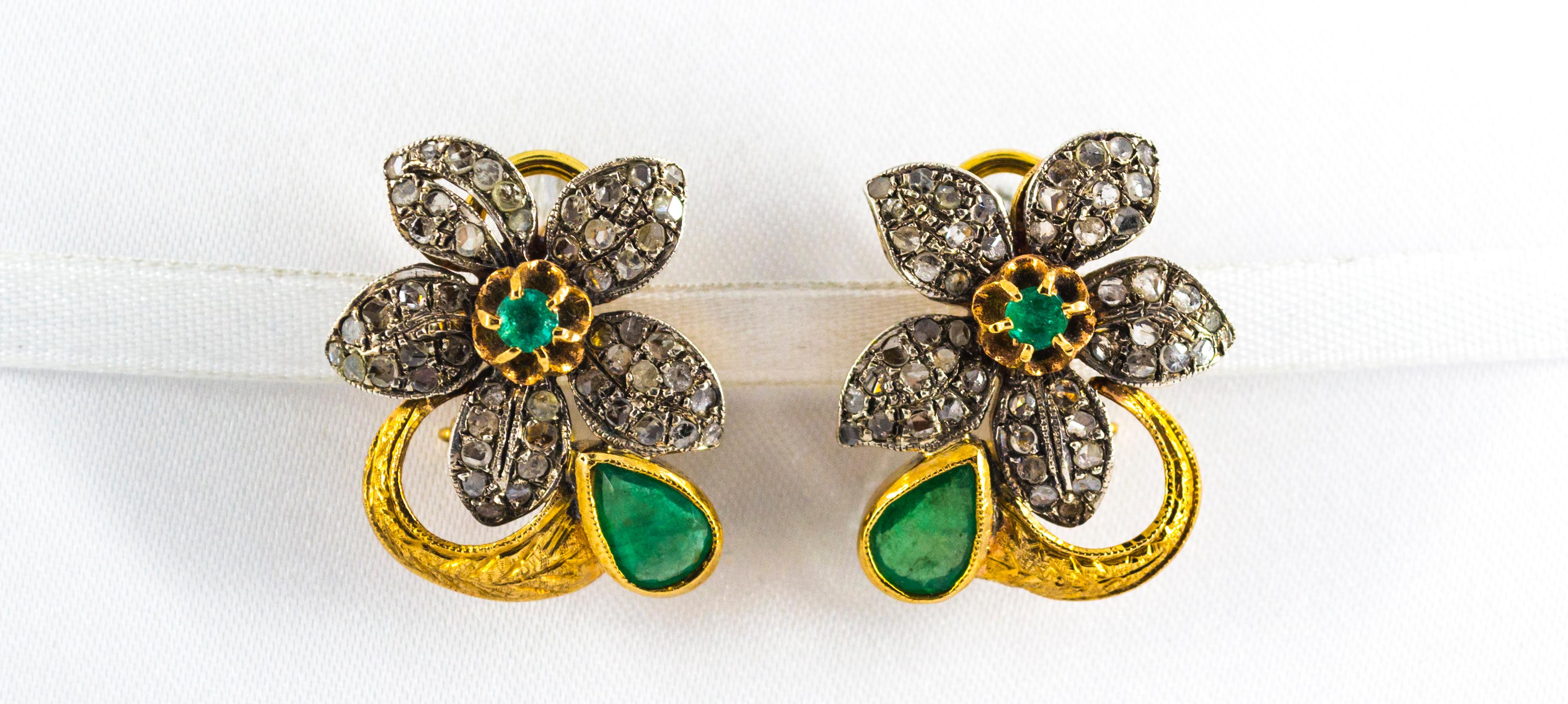 These Earrings are made of 9K Yellow Gold and Sterling Silver.
These Earrings have 0.60 Carats of White Rose Cut Diamonds.
These Earrings have 2.00 Carats of Emeralds.
All our Earrings have pins for pierced ears but we can change the closure and