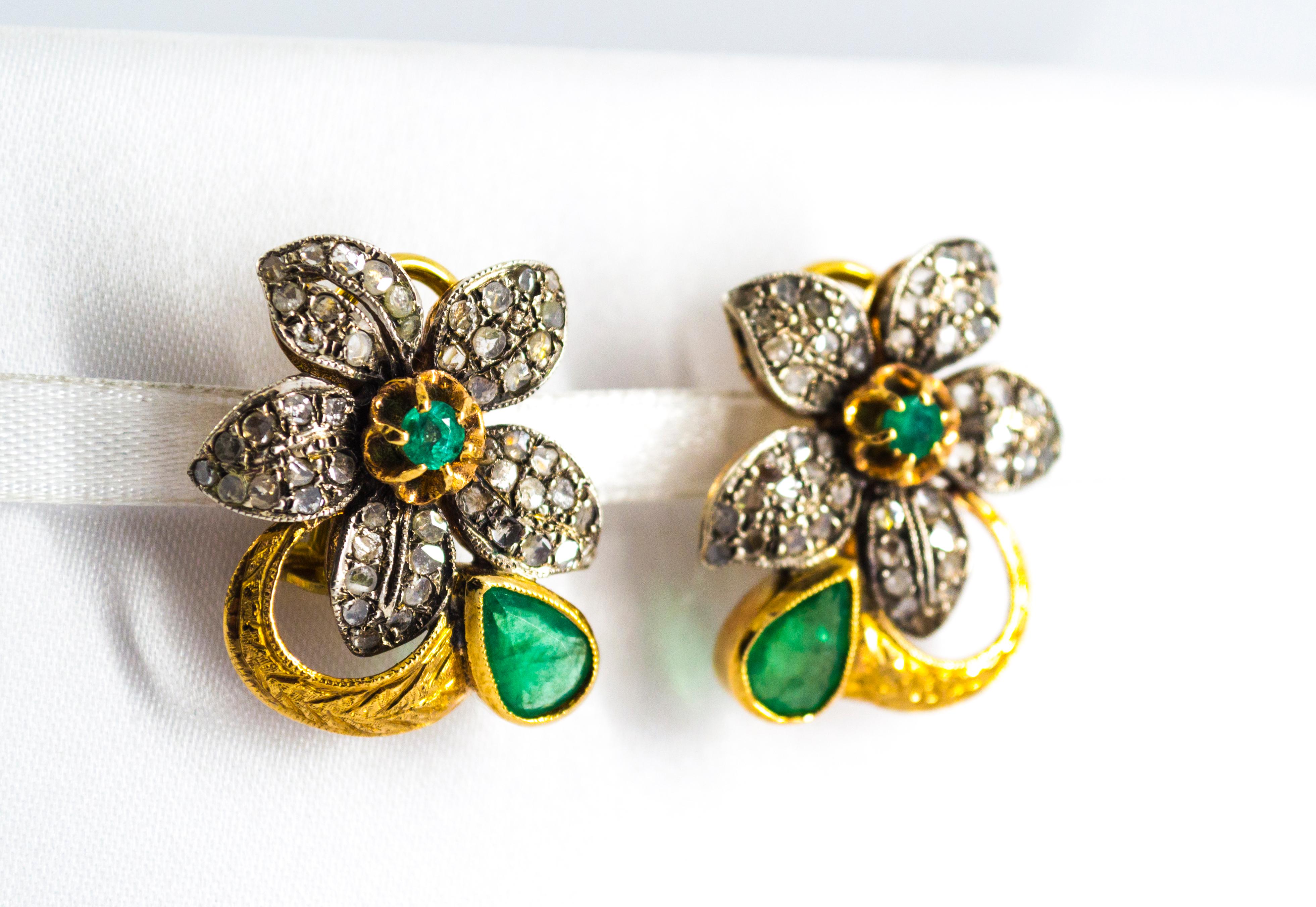 2.60 Carat White Rose Cut Diamond Emerald Yellow Gold Clip-On Flowers Earrings 2