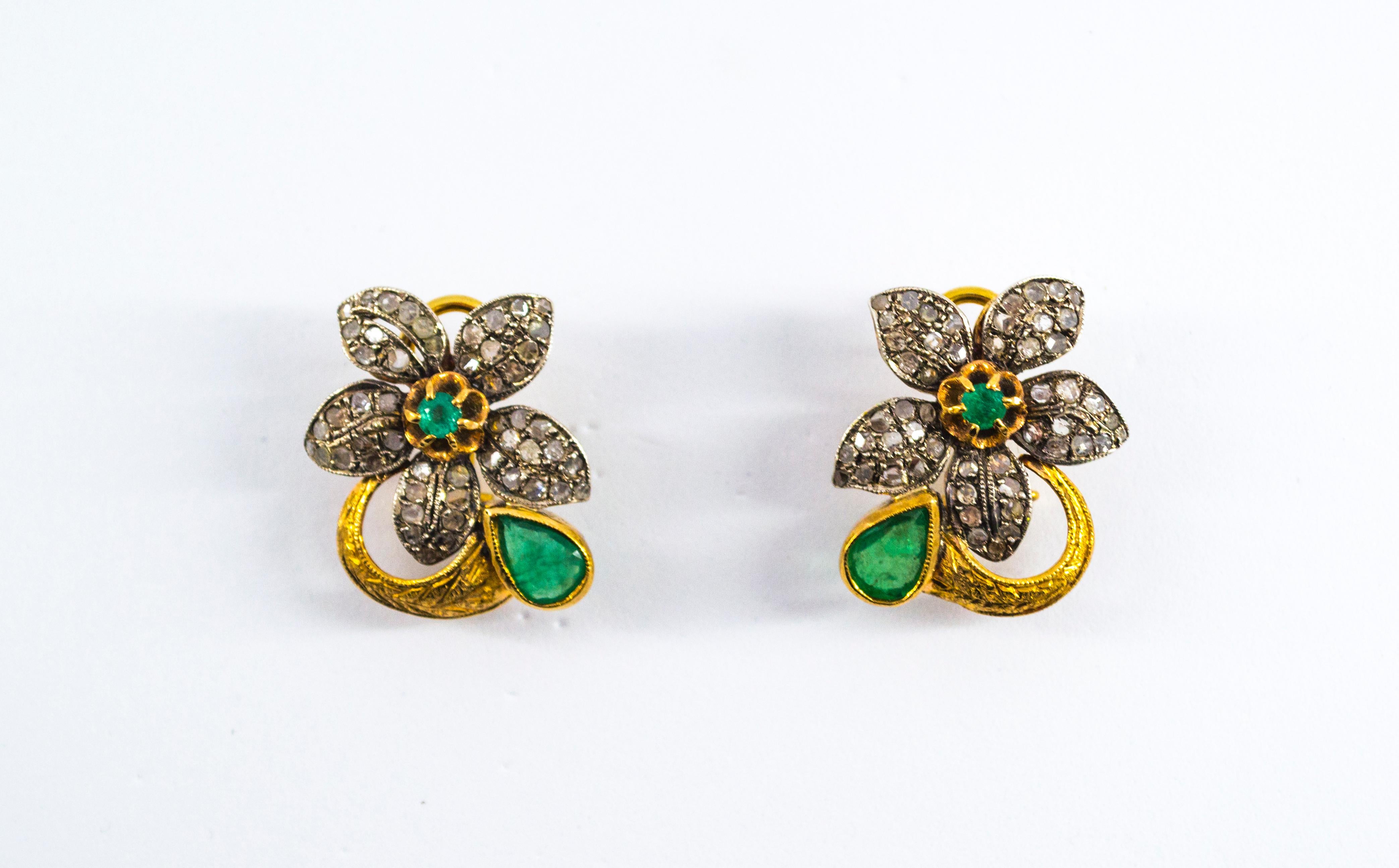 2.60 Carat White Rose Cut Diamond Emerald Yellow Gold Clip-On Flowers Earrings 4