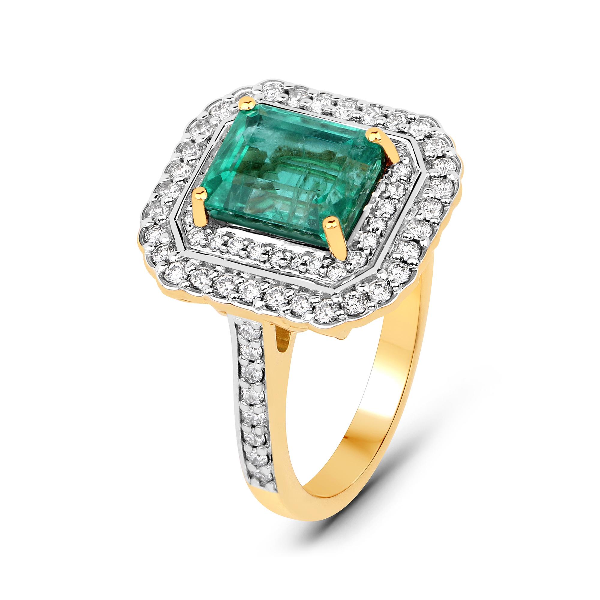 Emerald Cut 2.60 Carat Zambian Emerald and Diamond 18 Karat Yellow Gold Cocktail Ring For Sale