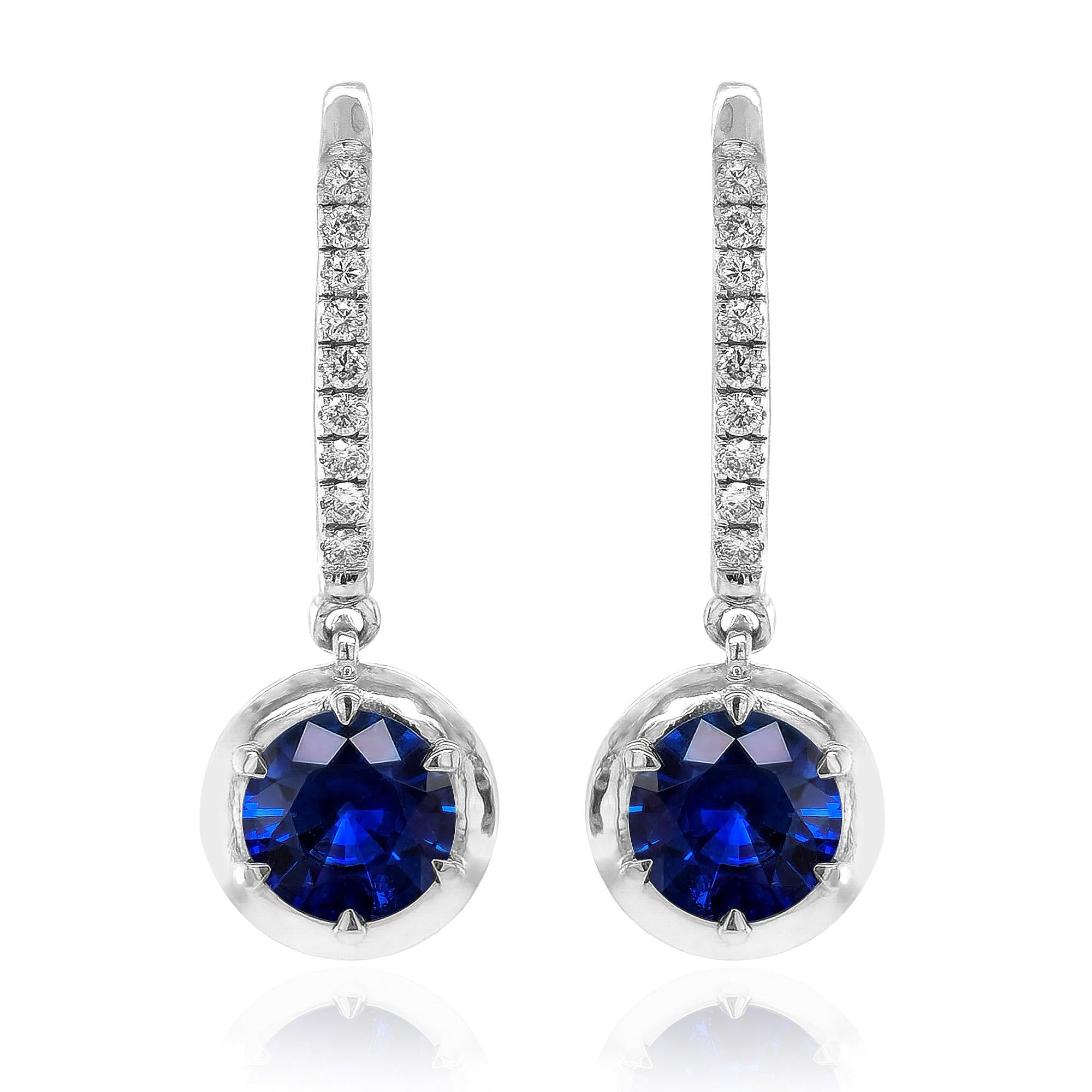 Mixed Cut Natural Blue Sapphires 2.60 Carats set in 14K White Gold Earrings with Diamonds For Sale
