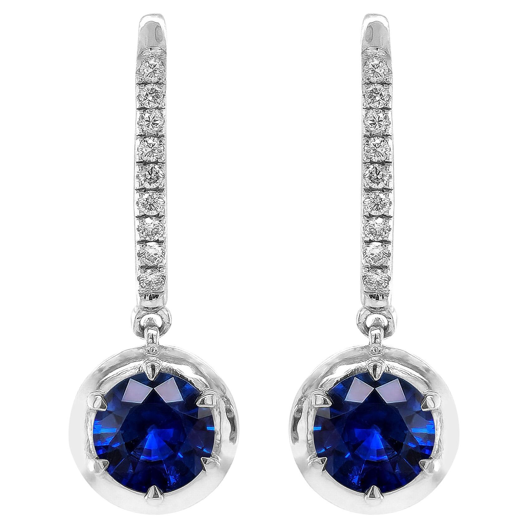 Natural Blue Sapphires 2.60 Carats set in 14K White Gold Earrings with Diamonds
