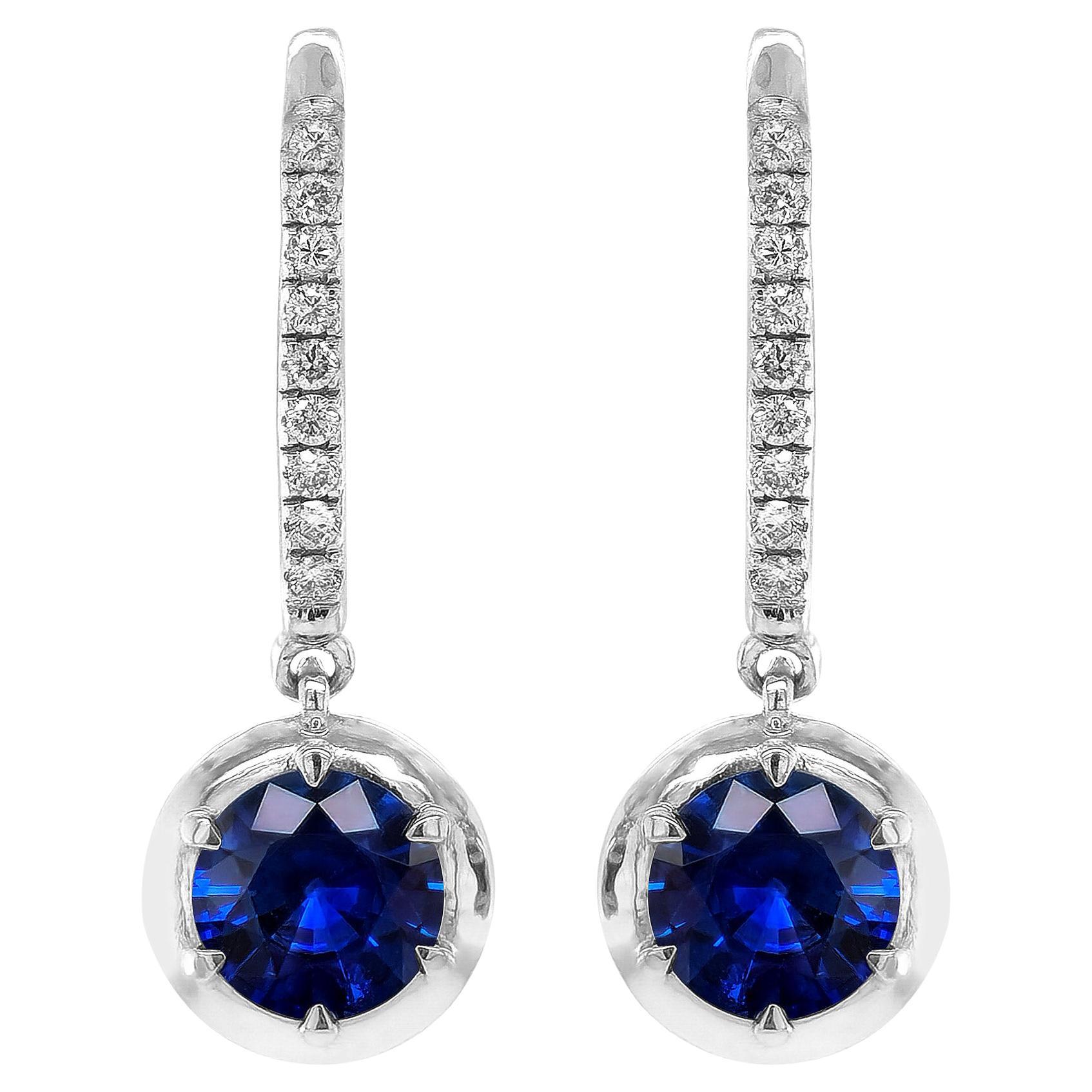 Natural Blue Sapphires 2.60 Carats set in 14K White Gold Earrings with Diamonds