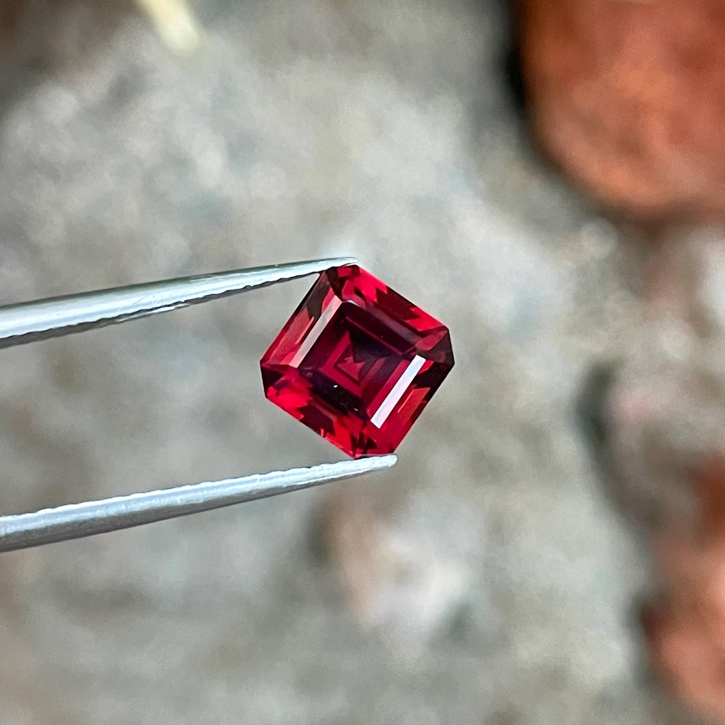 Weight 2.60 carats 
Dimensions 7.1x7.1x5.4 mm
Treatment none 
Origin Madagascar 
Clarity eye clean 
Shape octagon 
Cut emerald 




This striking 2.60 carats Bright Red Garnet Stone, cut into an exquisite emerald shape, is a testament to the natural
