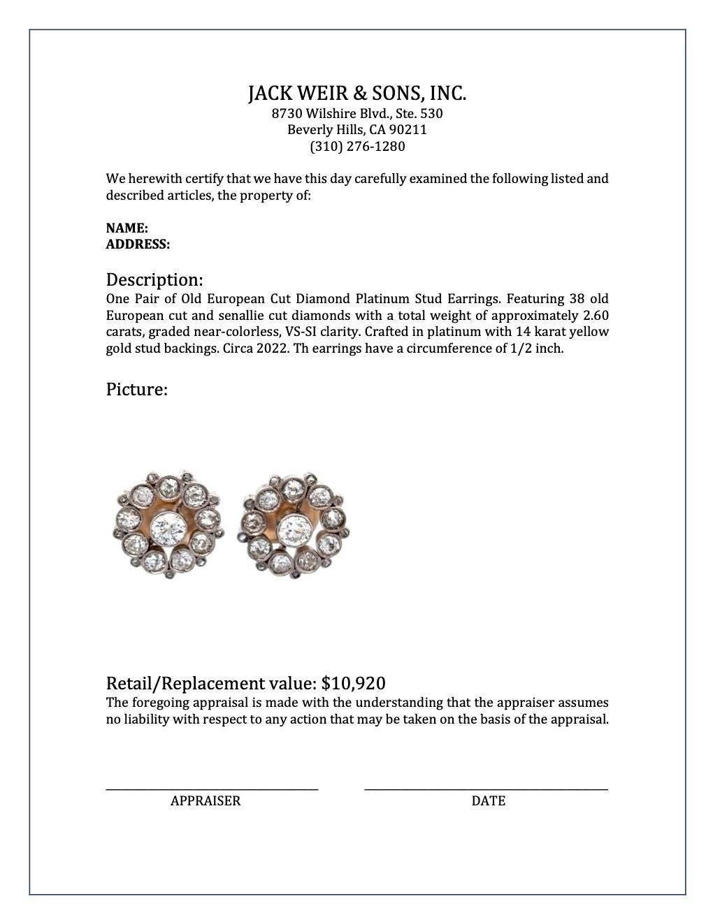 2.60 Carats Old European Cut Diamonds Platinum Stud Earrings For Sale 3