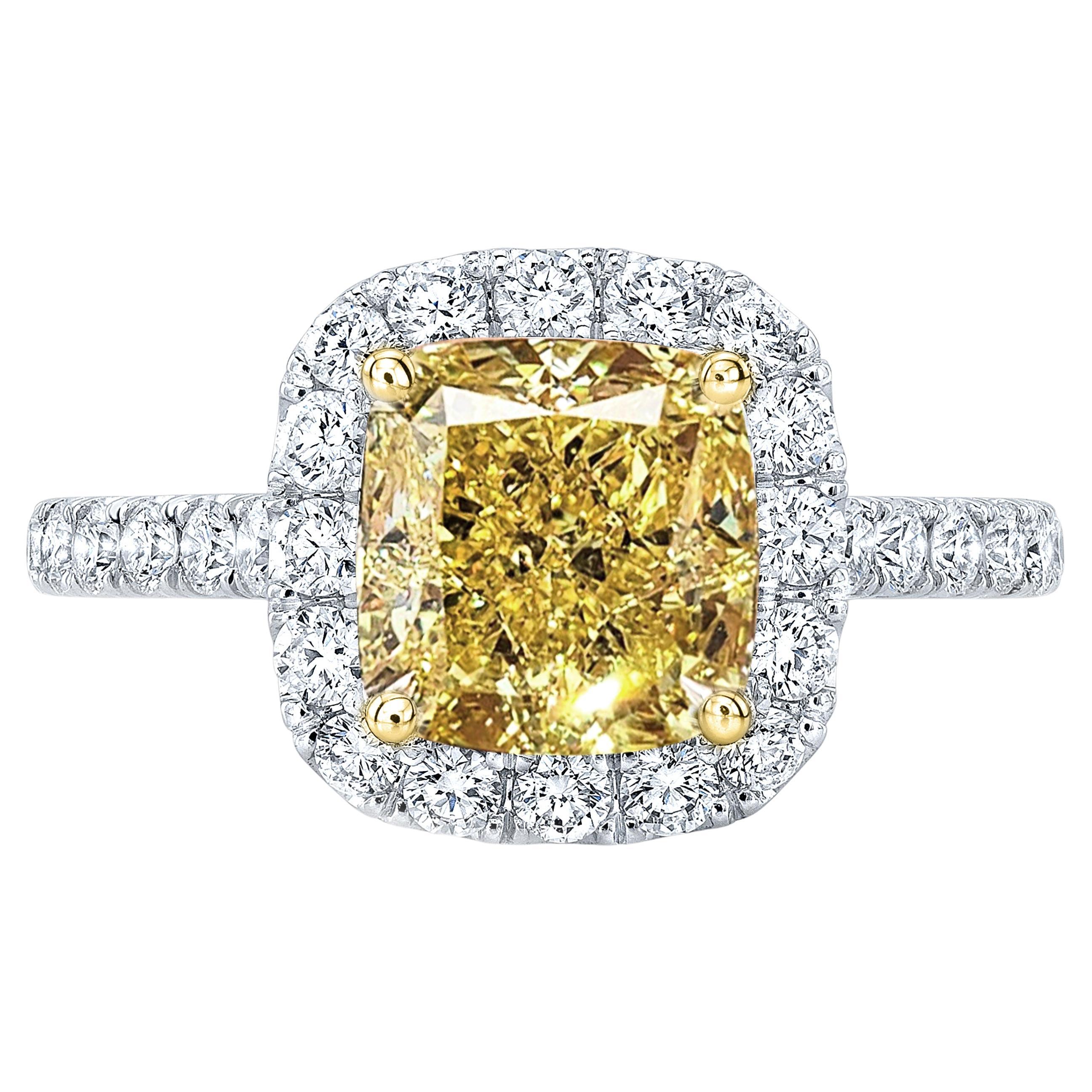 2.60 Ct. Canary Fancy Yellow Halo Cushion Cut Engagement Ring VS2 GIA Certified For Sale