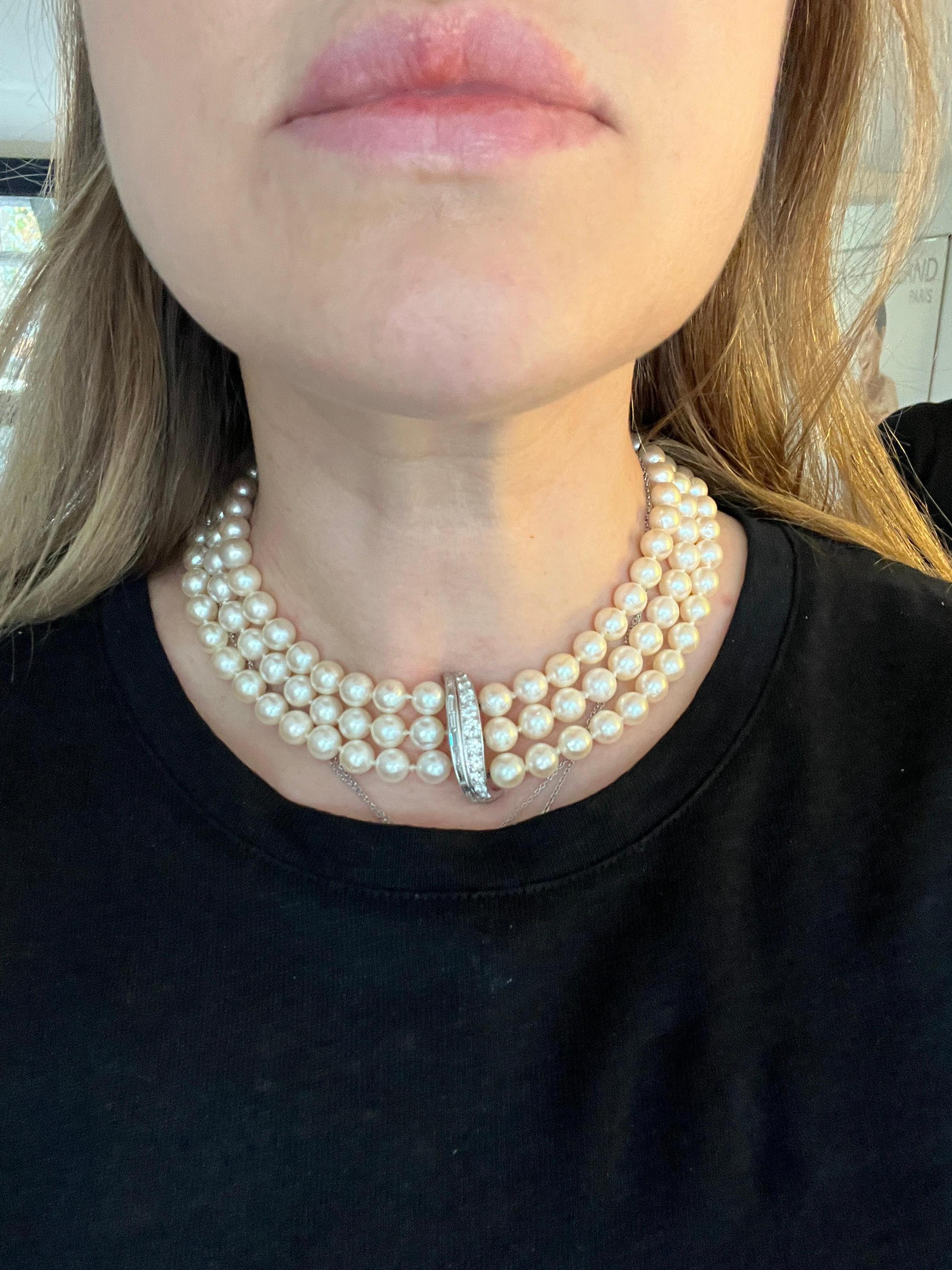 Brilliant Cut 2.60 ct Diamond  & Pearl Vintage Choker Necklace in 18k White Gold For Sale