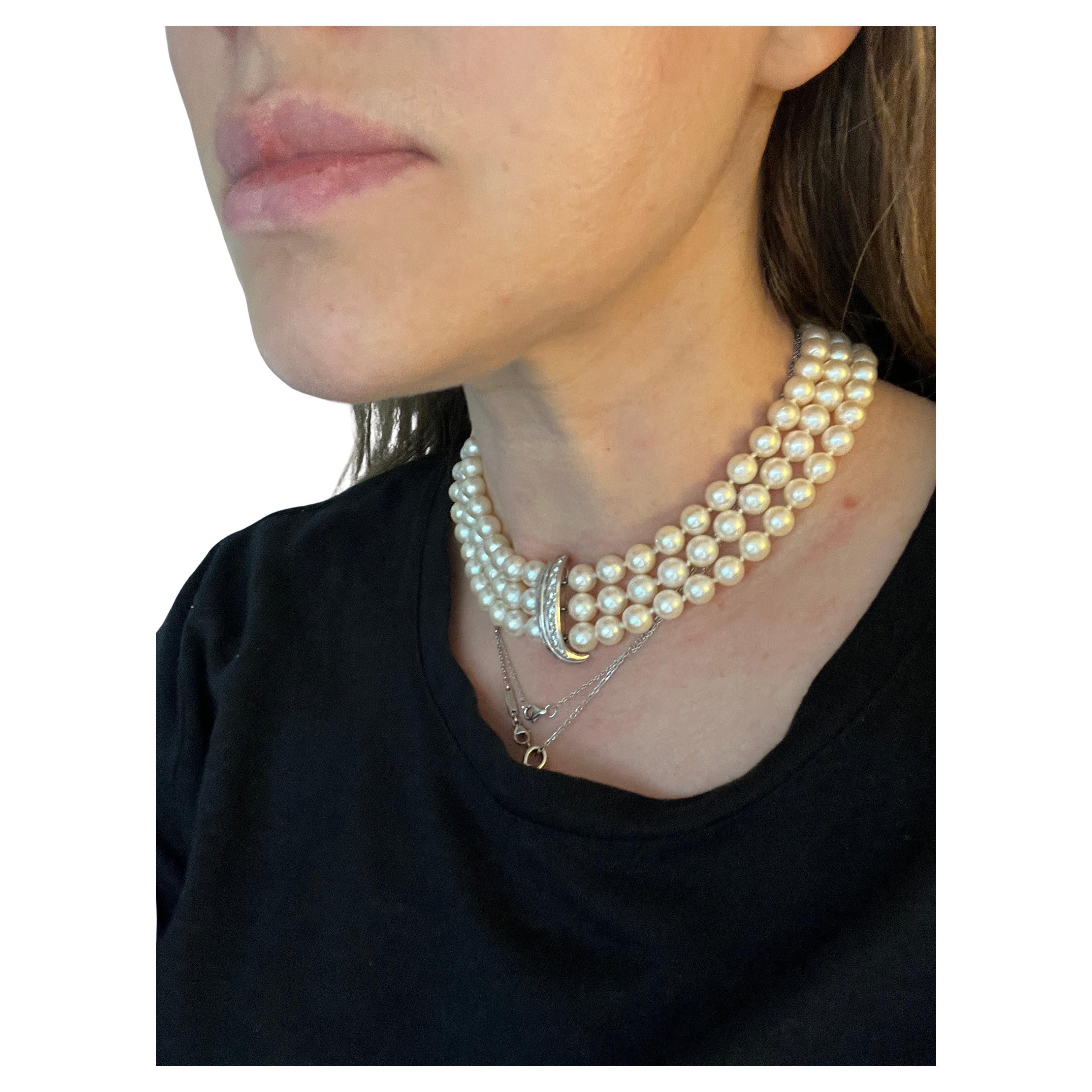 2.60 ct Diamond  & Pearl Vintage Choker Necklace in 18k White Gold