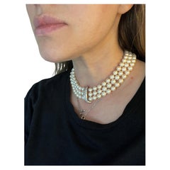 2.60 ct Diamond  & Pearl Vintage Choker Necklace in 18k White Gold