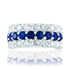 2.60 Ct Round Shape Sapphire and Diamond Three Row Band Ring in 14K White Gold