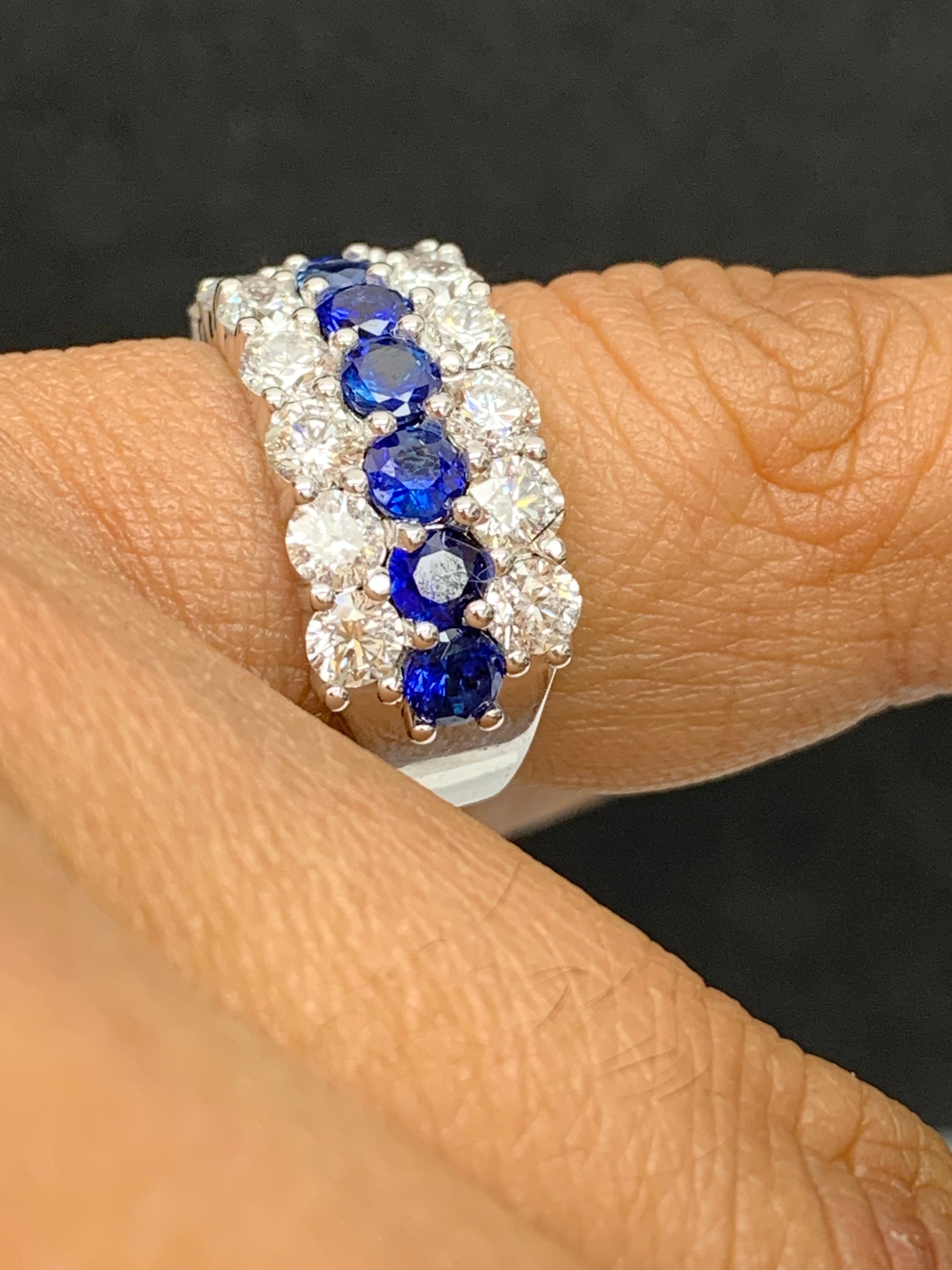 Modern 2.60 Ct Round Shape Sapphire and Diamond Three Row Band Ring in 14K White Gold For Sale
