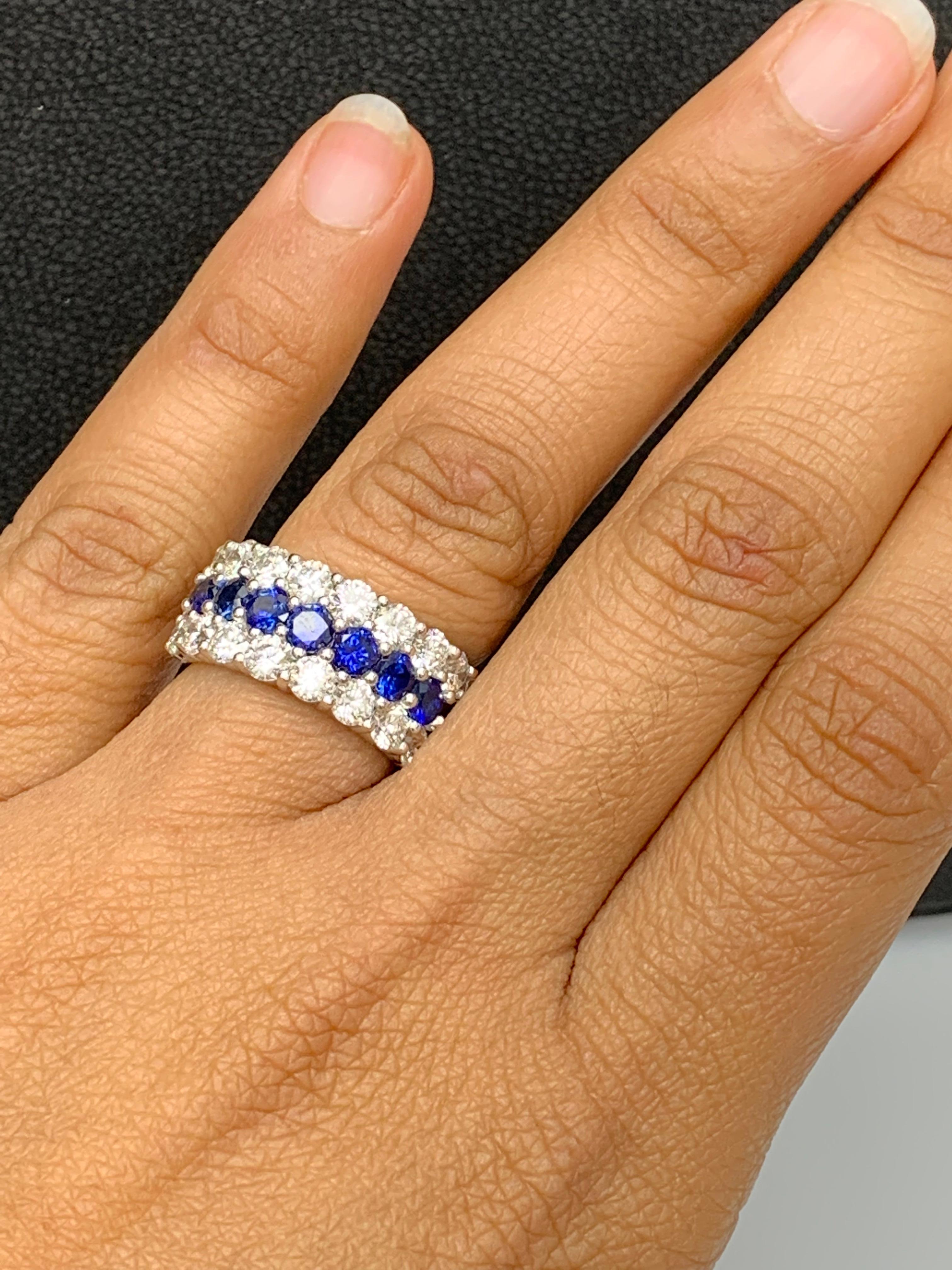 Round Cut 2.60 Ct Round Shape Sapphire and Diamond Three Row Band Ring in 14K White Gold For Sale