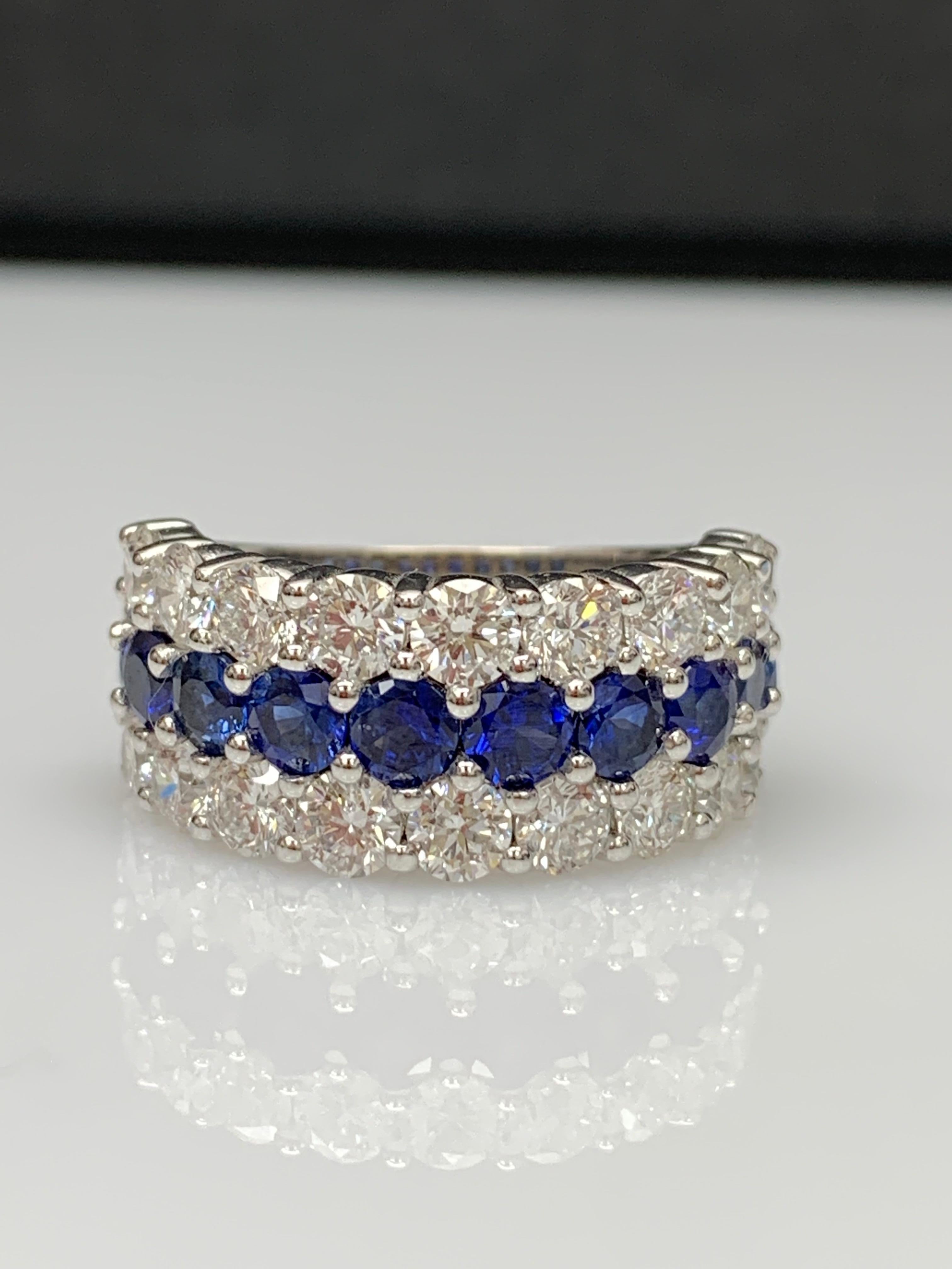 2.60 Ct Round Shape Sapphire and Diamond Three Row Band Ring in 14K White Gold In New Condition For Sale In NEW YORK, NY