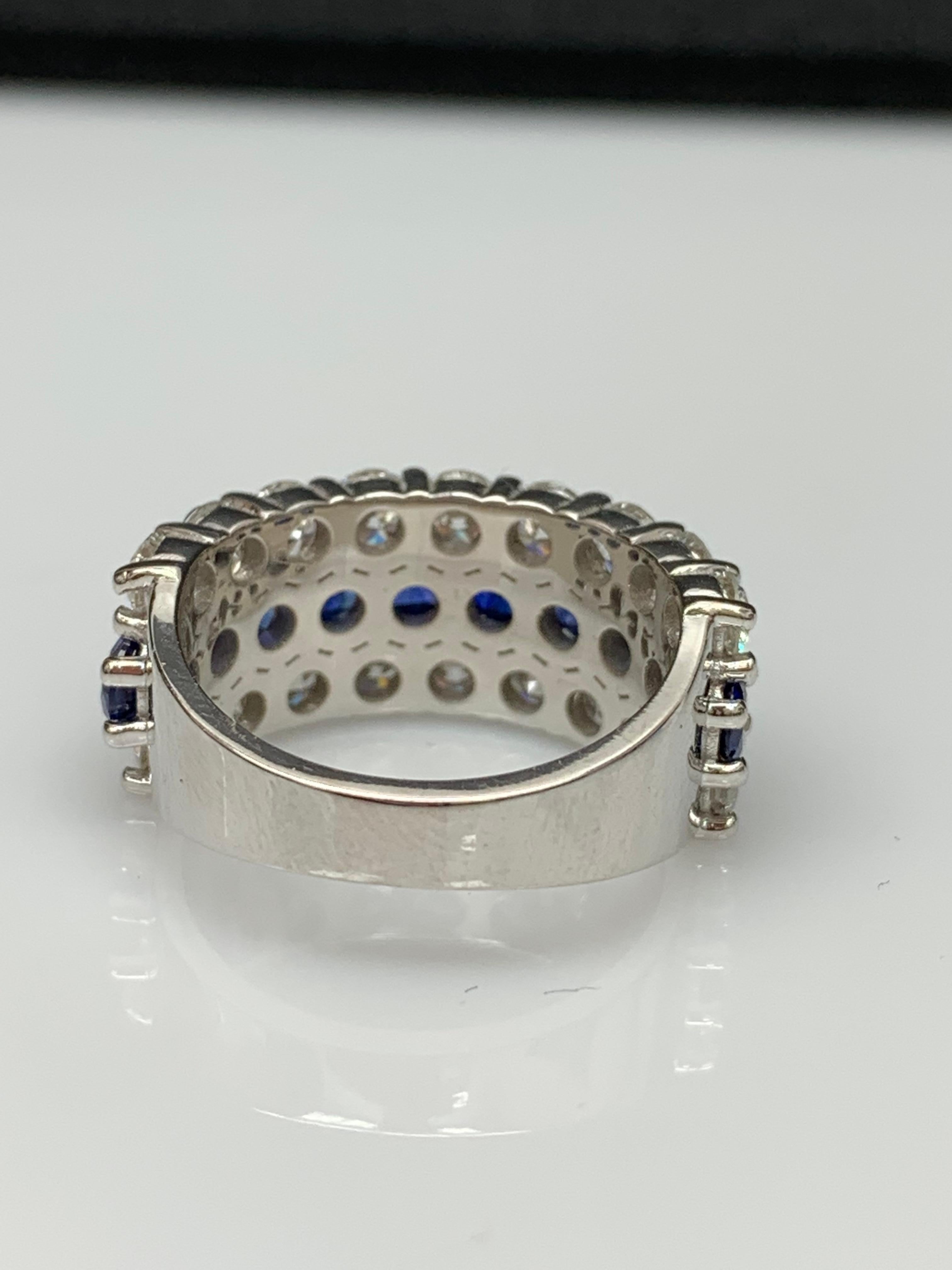 2.60 Ct Round Shape Sapphire and Diamond Three Row Band Ring in 14K White Gold For Sale 1