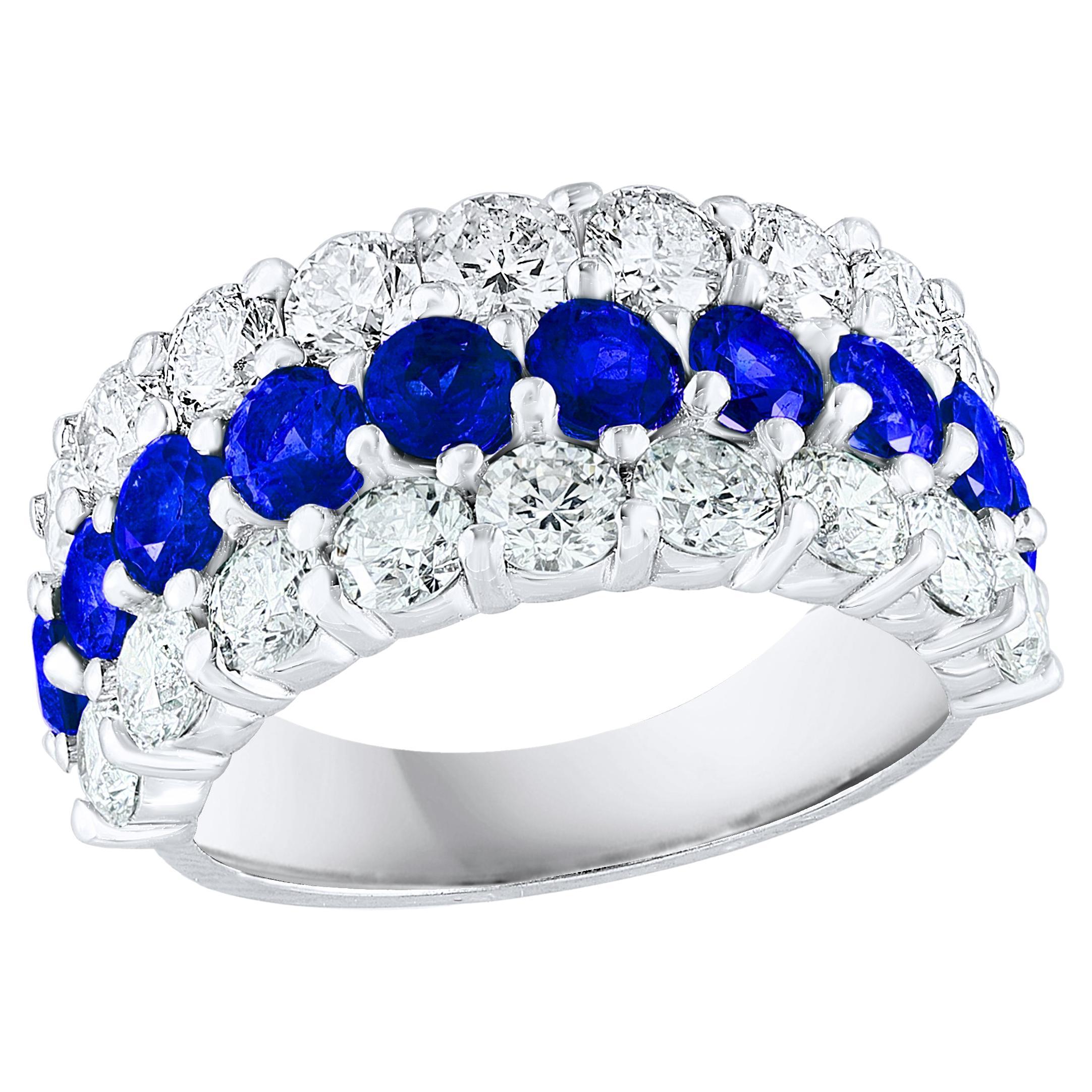 2.60 Ct Round Shape Sapphire and Diamond Three Row Band Ring in 14K White Gold For Sale
