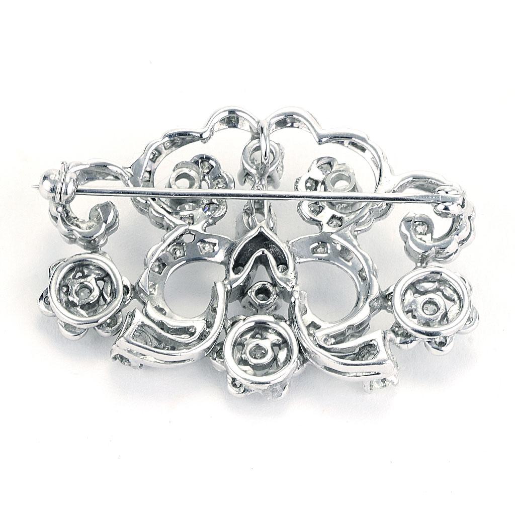 Round Cut 2.60 CTTW Antique Diamond Pin Brooch In 14K White Gold For Sale