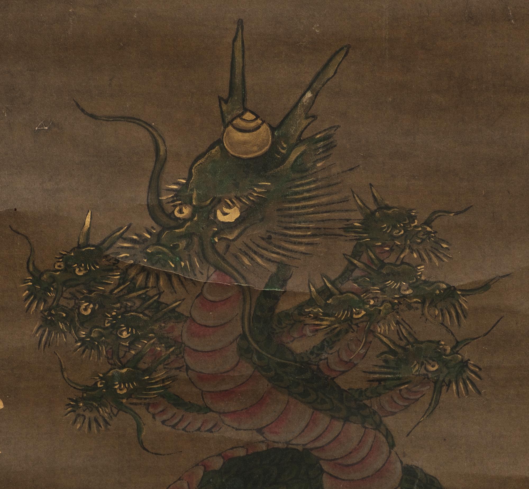 Hand-Painted 260 Year Old Japanese Hanging Scroll with Painting of the 9-Headed Dragon Deity For Sale