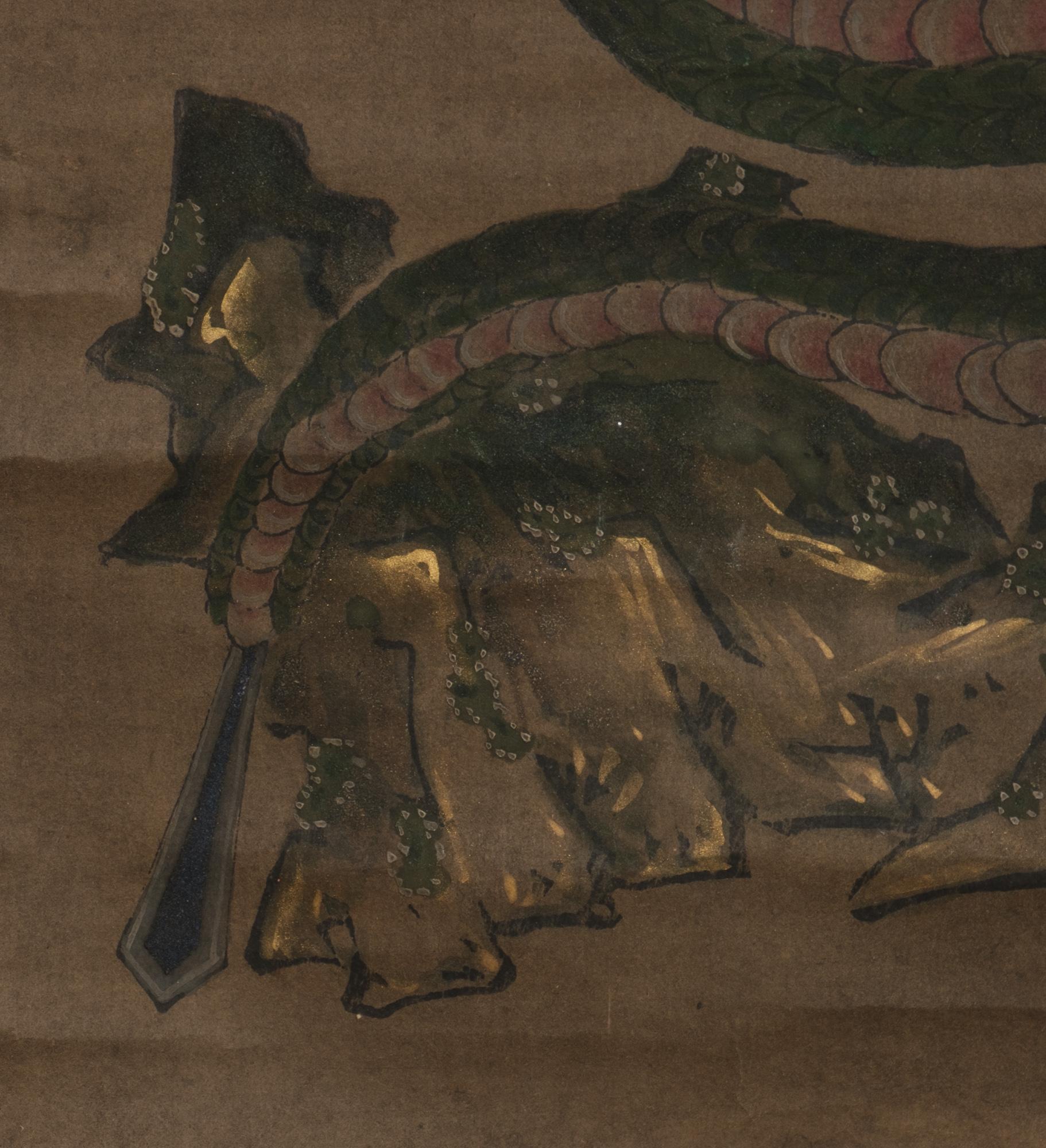 XVIIIe siècle Rouleau suspendu japonais vieux de 260 ans avec peinture de la divinité du dragon à 9 têtes en vente