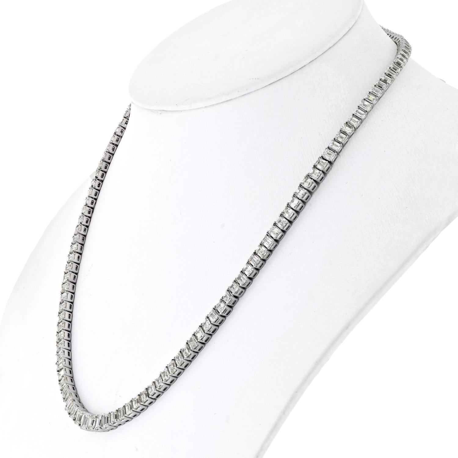 Modern 26.00 Carat 18K White Gold Ladies Emerald Cut Diamond Tennis Necklace For Sale