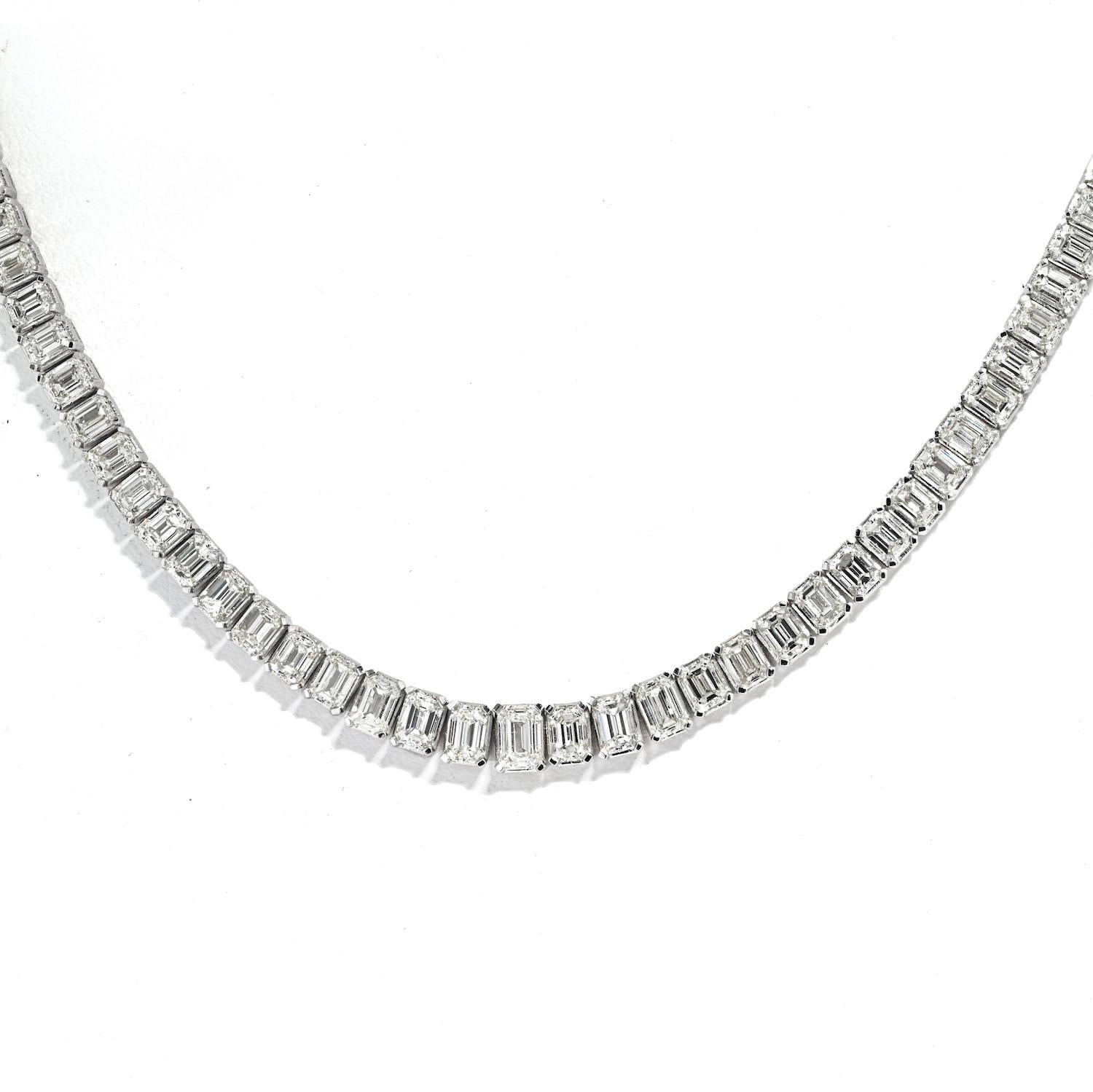 26.00 Carat 18K White Gold Ladies Emerald Cut Diamond Tennis Necklace In Excellent Condition For Sale In New York, NY