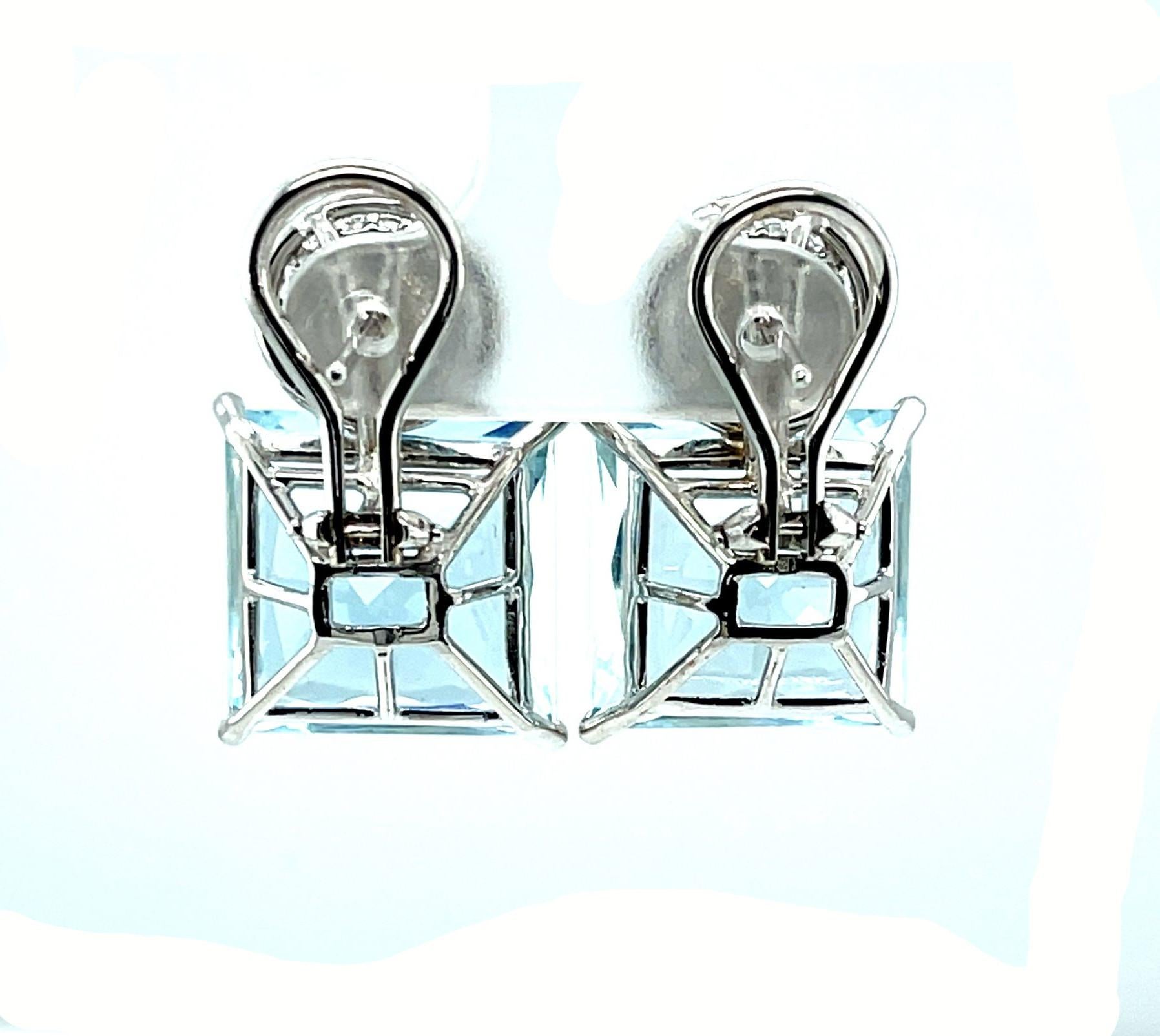 Square Cut 26.00 Carats Total Aquamarine & Diamond Pave Drop Earrings in White Gold For Sale