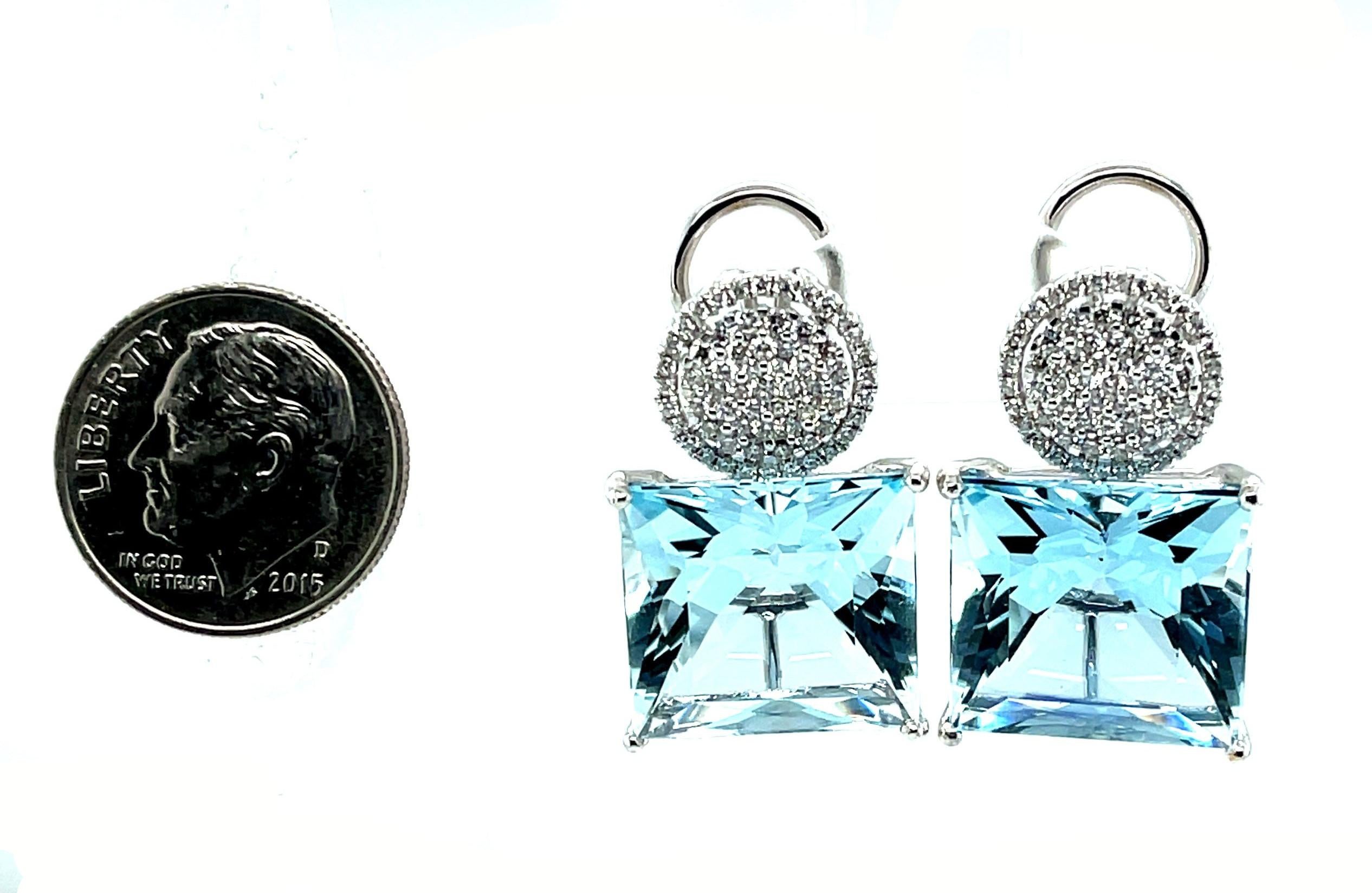 26.00 Carats Total Aquamarine & Diamond Pave Drop Earrings in White Gold For Sale 1