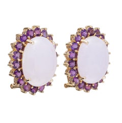26.00 Carat Light Lavender Jadeite Jade Amethyst Halo Yellow Gold Earrings