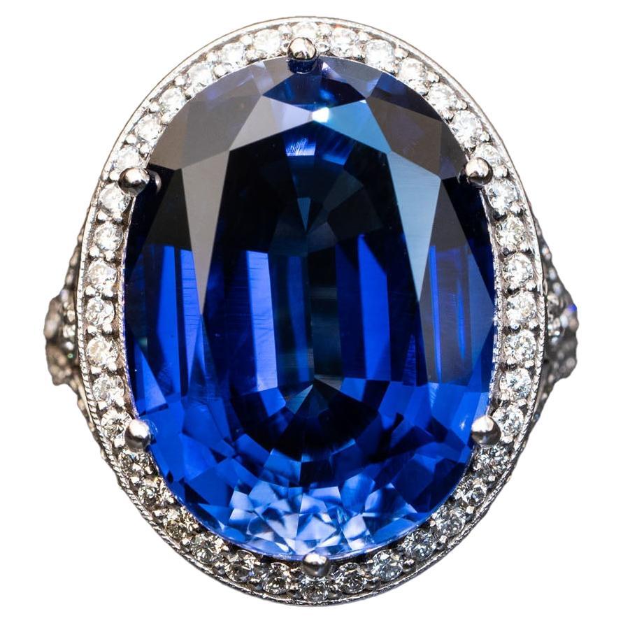 26,00 Karat ovaler Saphir-Ring 1,20 Karat natürliche Diamanten Statement-Ringe im Angebot