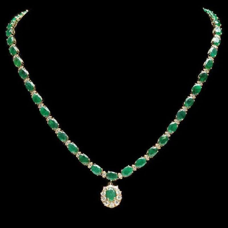 26.00Ct Natural Emerald and Diamond 14K Solid Yellow Gold Necklace

Natural Oval Emerald Weights: Approx. 24.10 Carats 

Emerald Measures: Approx. 7x5 - 8x6 mm

Total Natural Round Diamond weights: Approx. 1.90 Carats (color G-H / Clarity