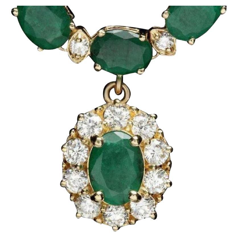 26,00 Karat natürlicher Smaragd und Diamant 14K massives Gelbgold Halskette