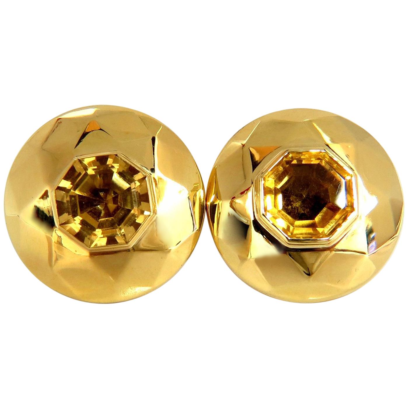 26.00ct Retro Mod Natural yellow golden citrine clip earrings 18kt puffer dome For Sale