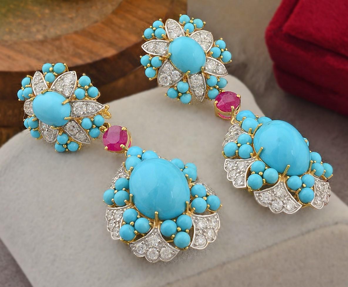 Mixed Cut 26.02 Carat Turquoise Diamond 14 Karat Gold Sleeping Beauty Earrings For Sale