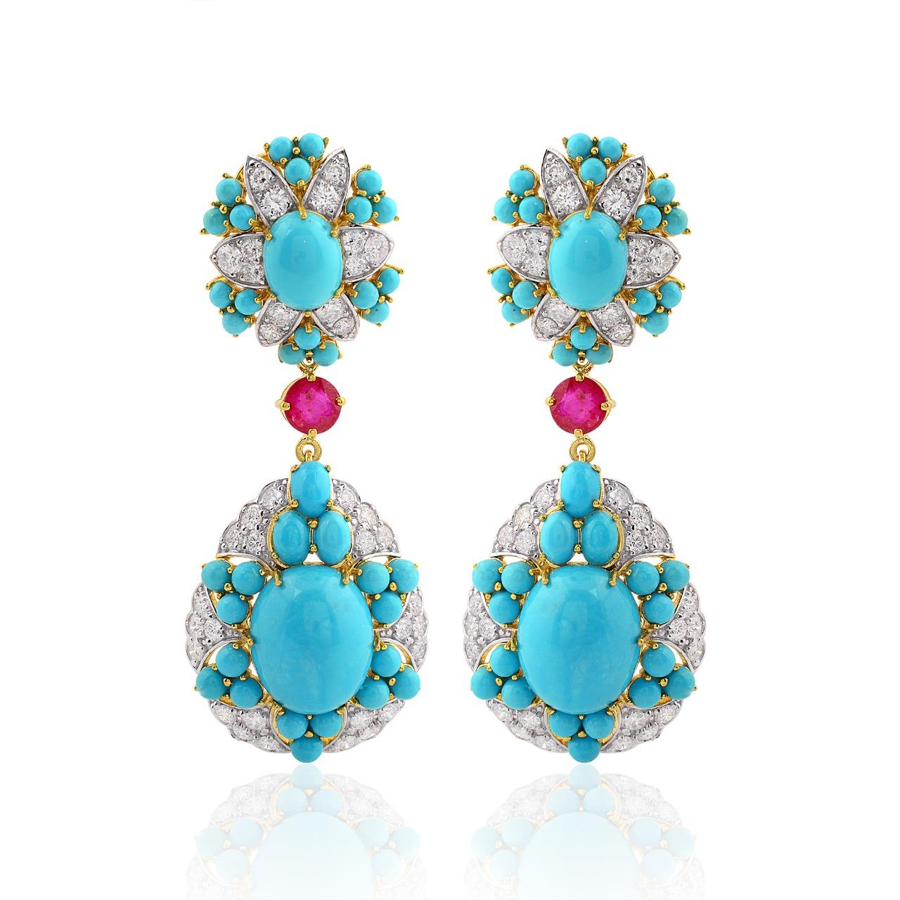 26.02 Carat Turquoise Diamond 14 Karat Gold Sleeping Beauty Earrings In New Condition For Sale In Hoffman Estate, IL