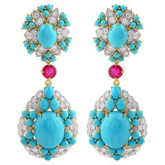 Boucles d'oreilles Sleeping Beauty en or 14 carats avec turquoise de 26,02 carats et diamants
