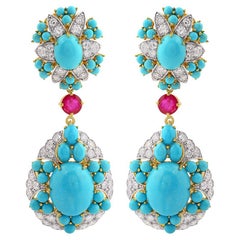 26.02 Carat Turquoise Diamond 14 Karat Gold Sleeping Beauty Earrings