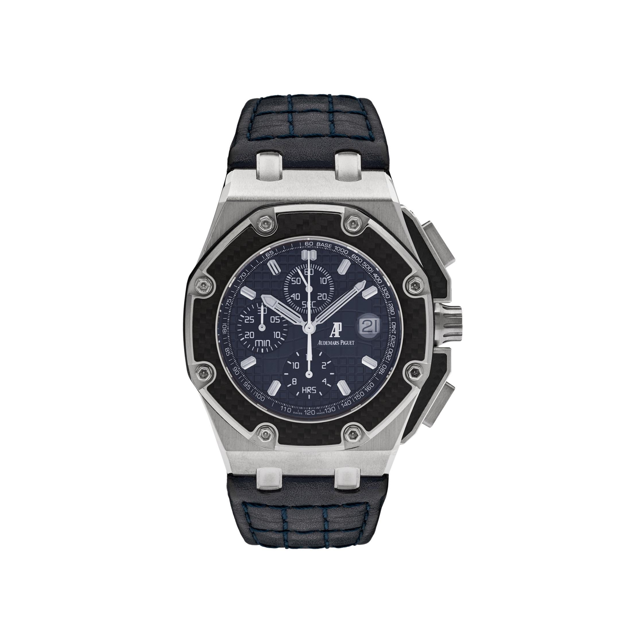 The Audemars Piguet Royal Oak Offshore is inspired by the world of Formula 1 motor racing, the brand partnered with F1 driver, Juan Pablo Montoya, to design a limited edition unique masterpiece. This watch features a 42mm platinum case, while the